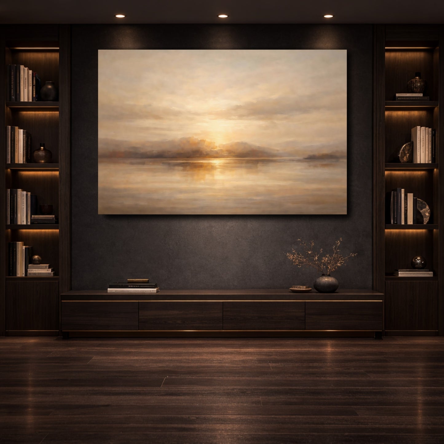 Mockup 3. Nature Sunset Lake Golden Sunset shown as stretched canvas wall art