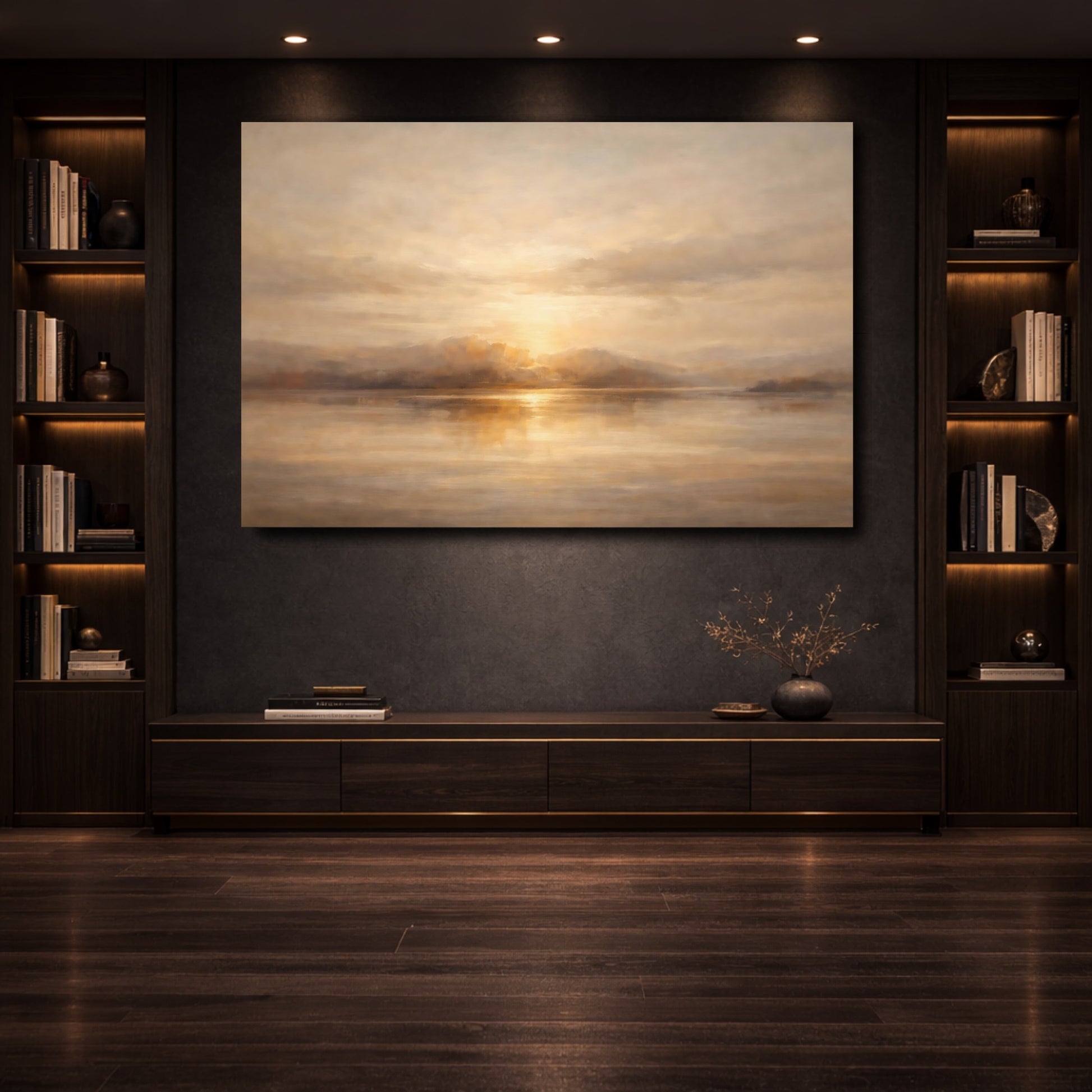 Mockup 3. Nature Sunset Lake Golden Sunset shown as stretched canvas wall art