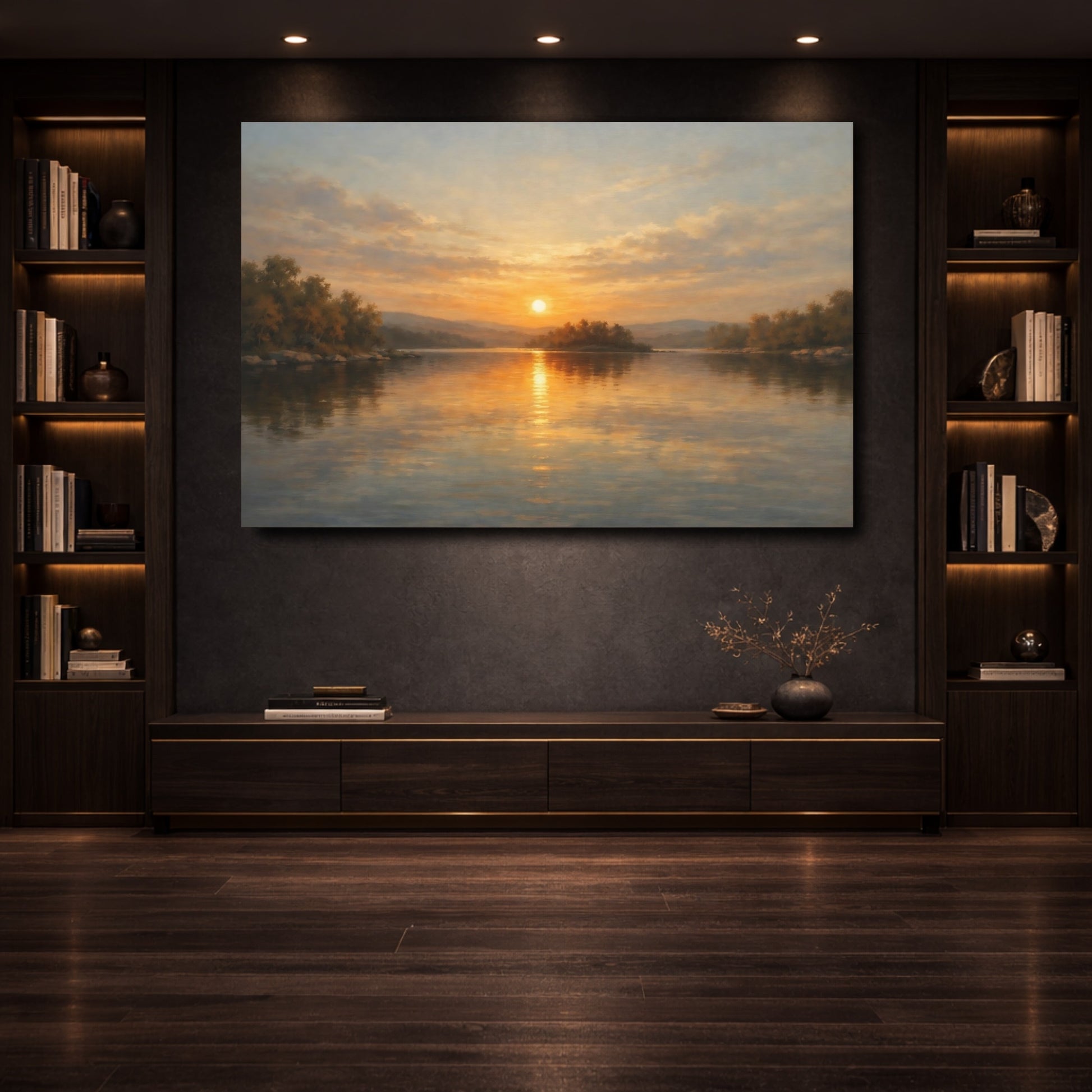 Mockup 3. Nature Sunset Lake Golden Sunset shown as stretched canvas wall art