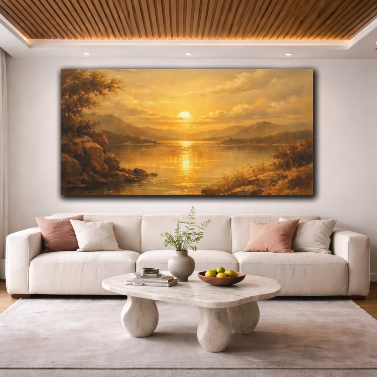 Mockup 3. Nature Sunset Lake Golden Sunset shown as stretched canvas wall art