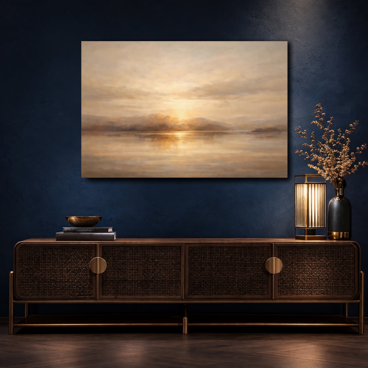 Mockup 4. Nature Sunset Lake Golden Sunset shown as stretched canvas wall art