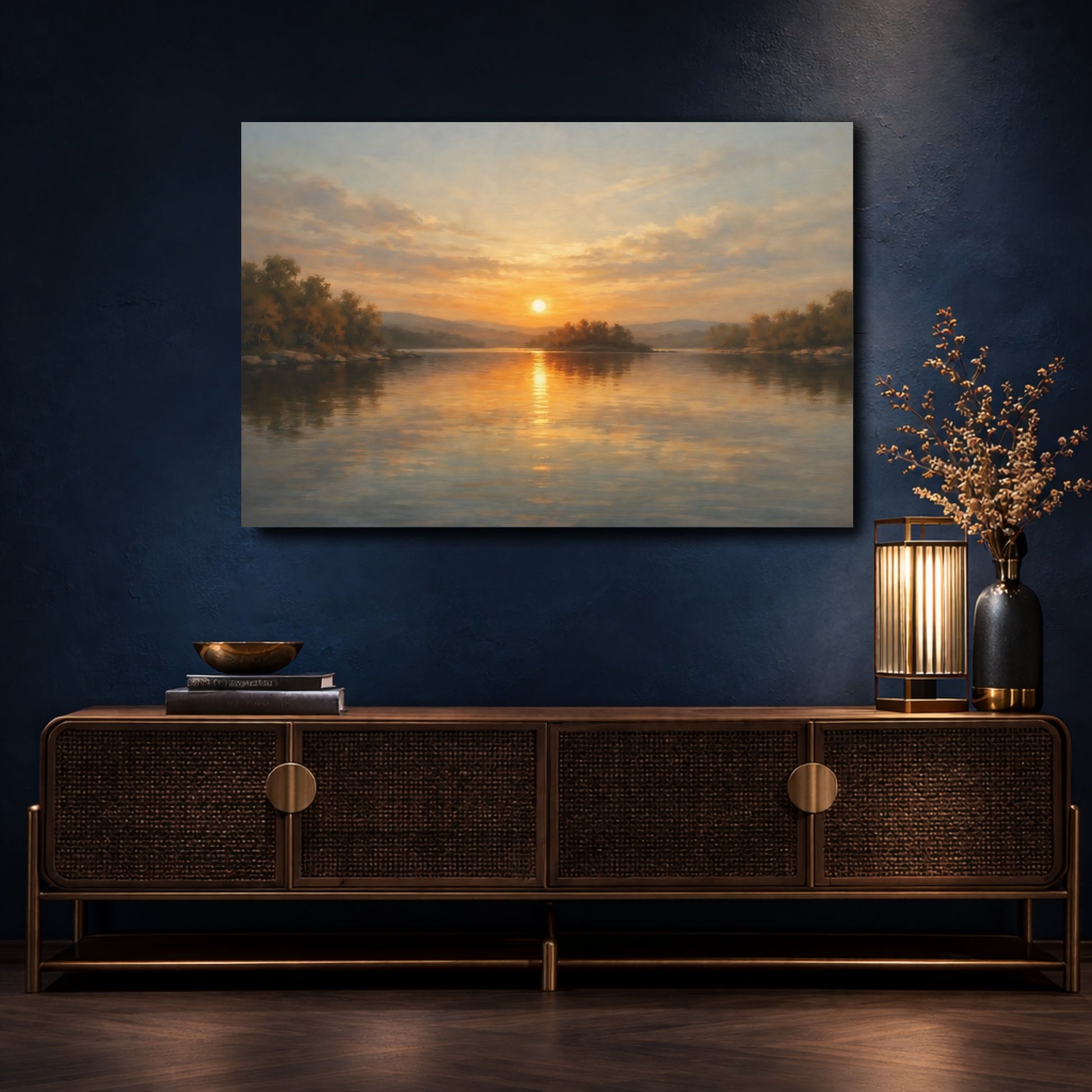 Mockup 4. Nature Sunset Lake Golden Sunset shown as stretched canvas wall art