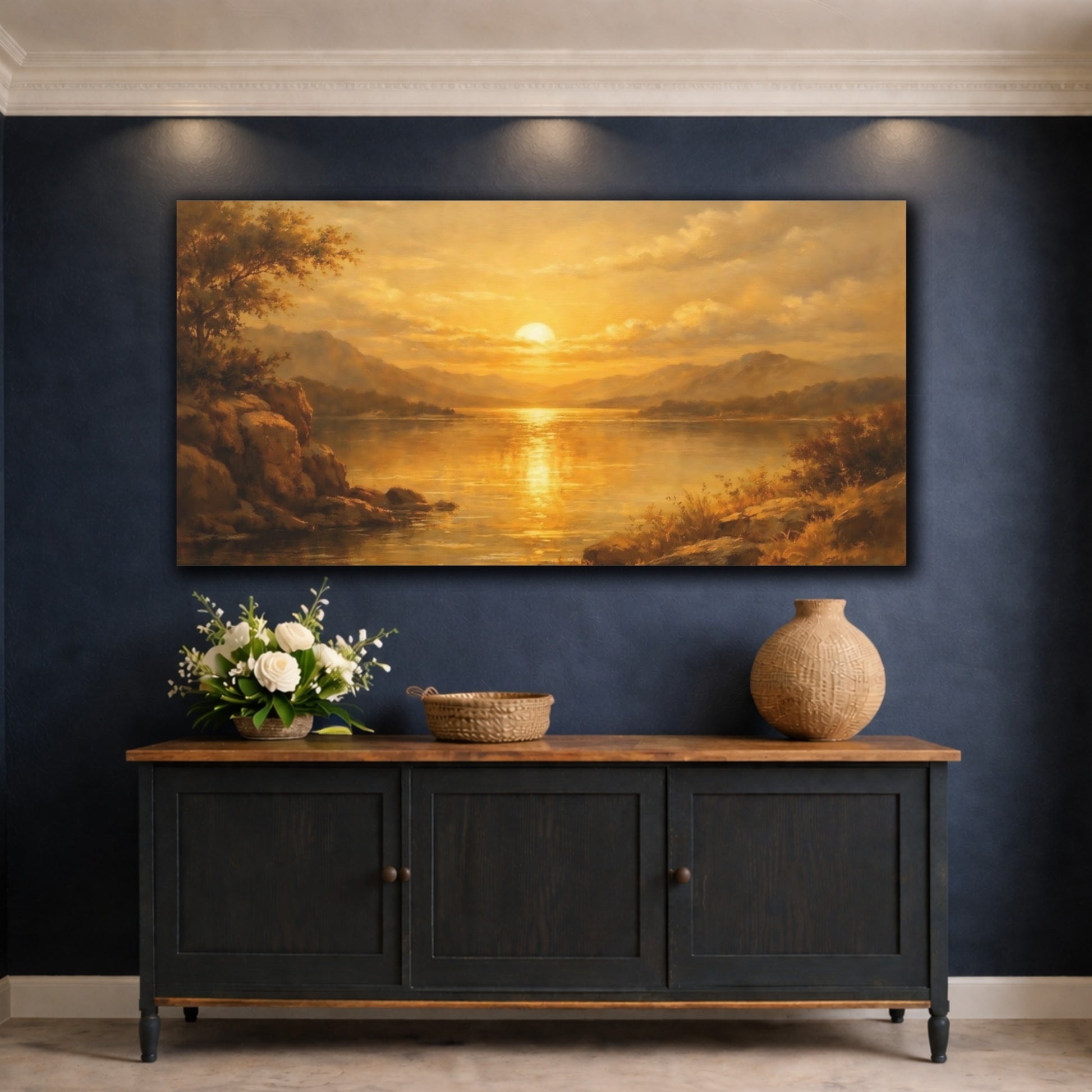Mockup 4. Nature Sunset Lake Golden Sunset shown as stretched canvas wall art