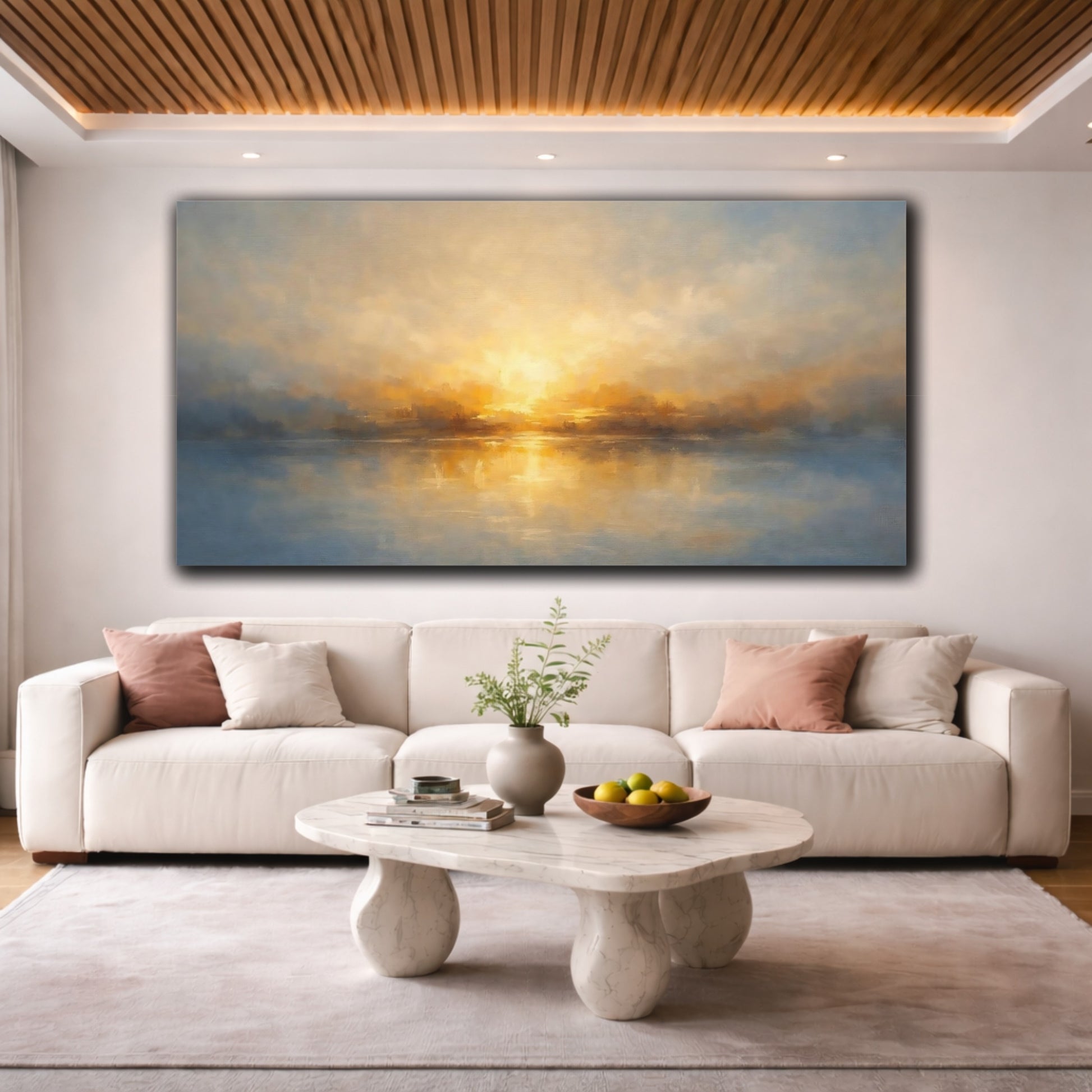 Mockup 3. Nature Sunset Lake Golden Sunset Waters shown as stretched canvas wall art