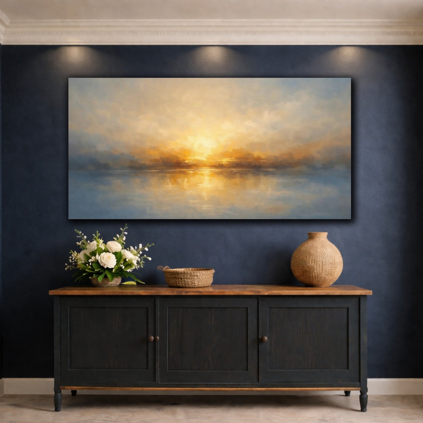 Mockup 4. Nature Sunset Lake Golden Sunset Waters shown as stretched canvas wall art