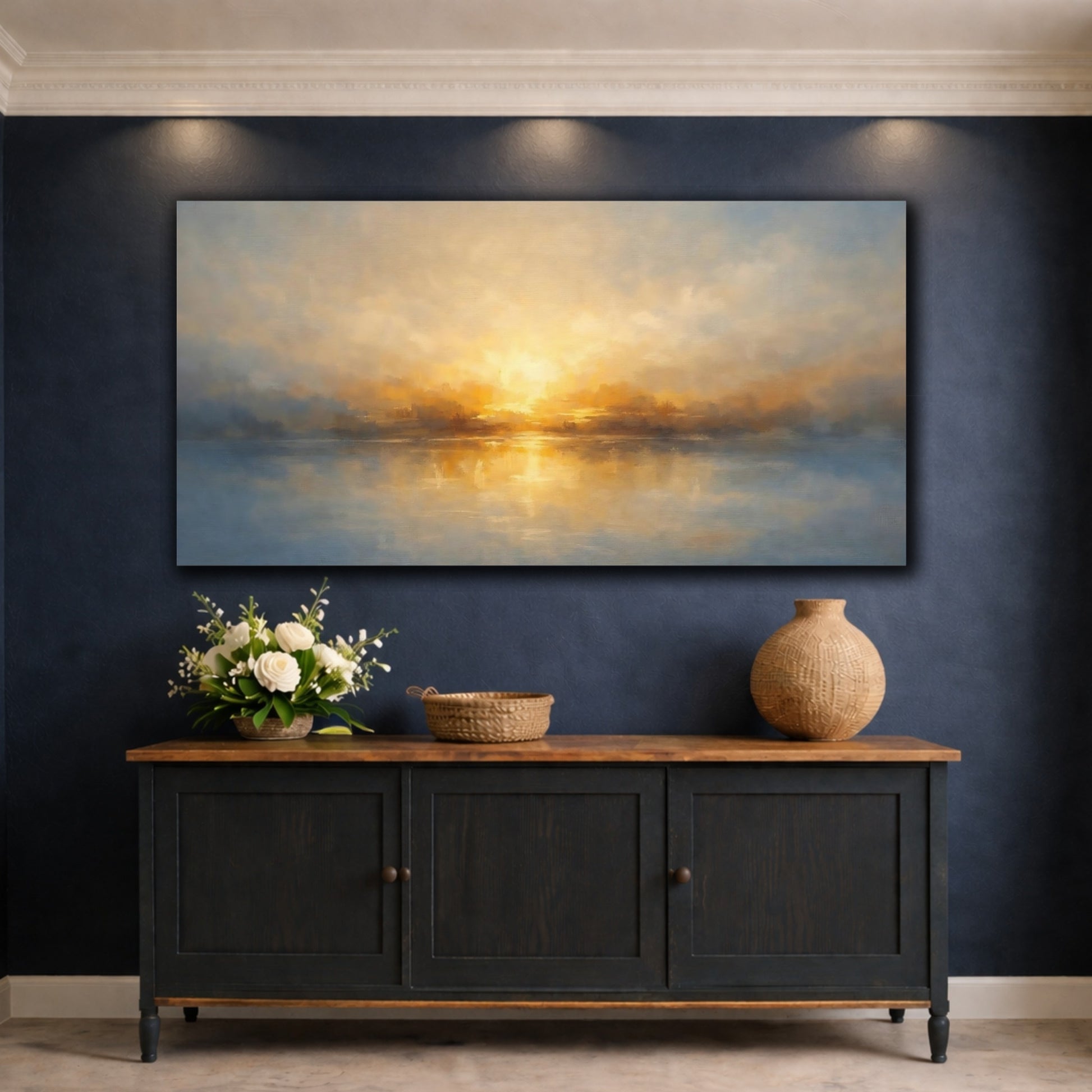 Mockup 4. Nature Sunset Lake Golden Sunset Waters shown as stretched canvas wall art