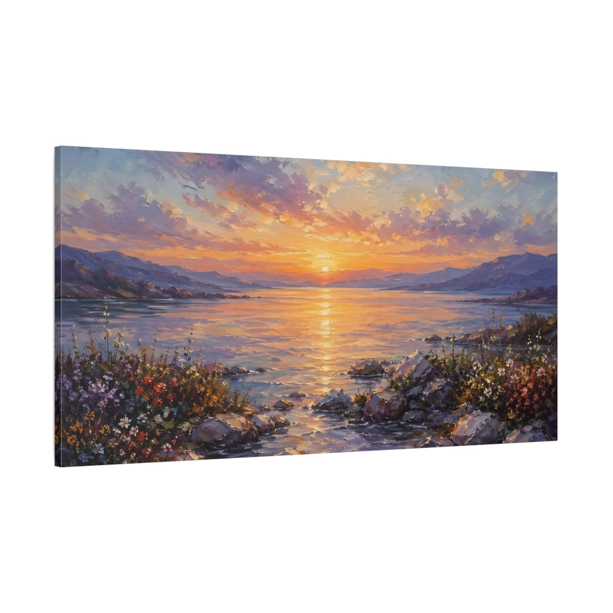 Side Mockup 2. Nature Sunset Lake Sunset Landscape shown as stretched canvas wall art