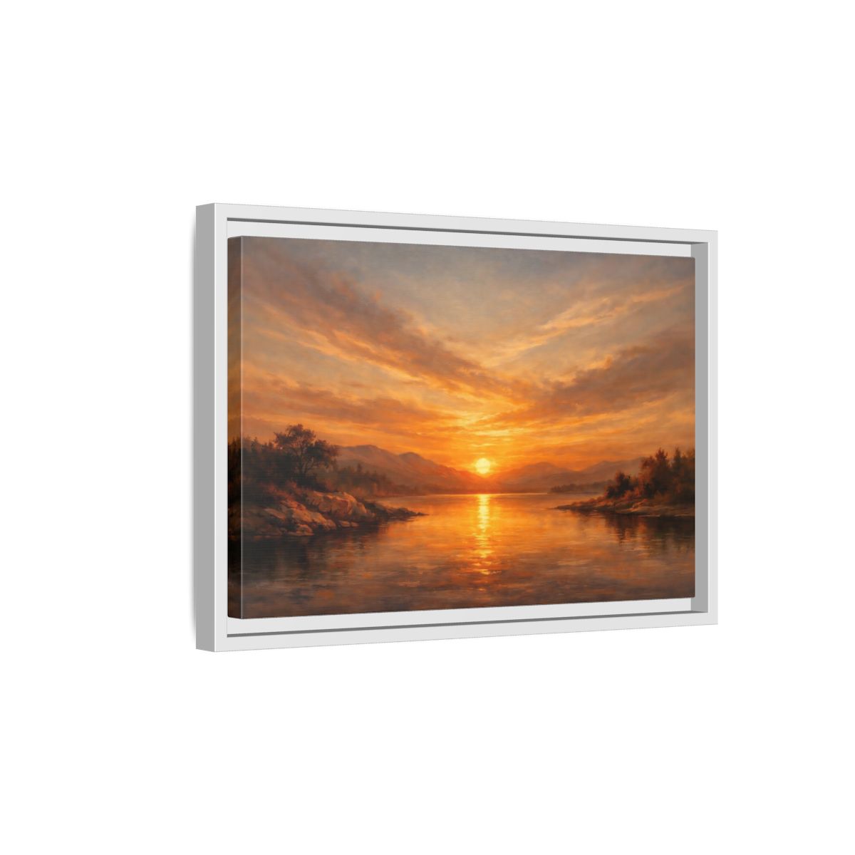 Side Mockup 4. Nature Sunset Lake Orange Sunset shown as stretched canvas wall art