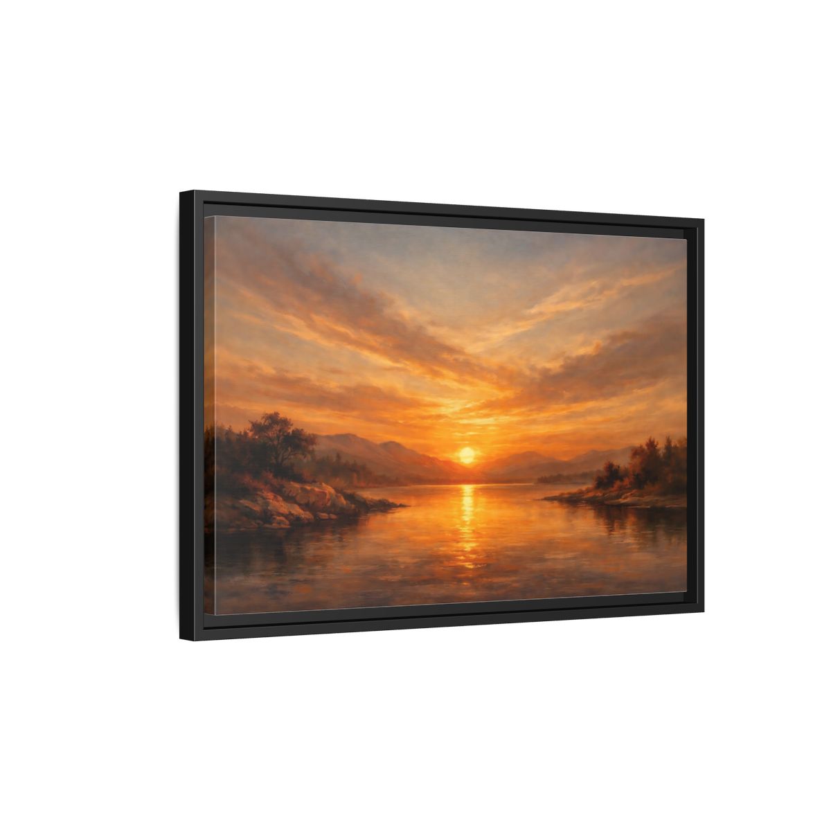 Side Mockup 3. Nature Sunset Lake Orange Sunset shown as stretched canvas wall art