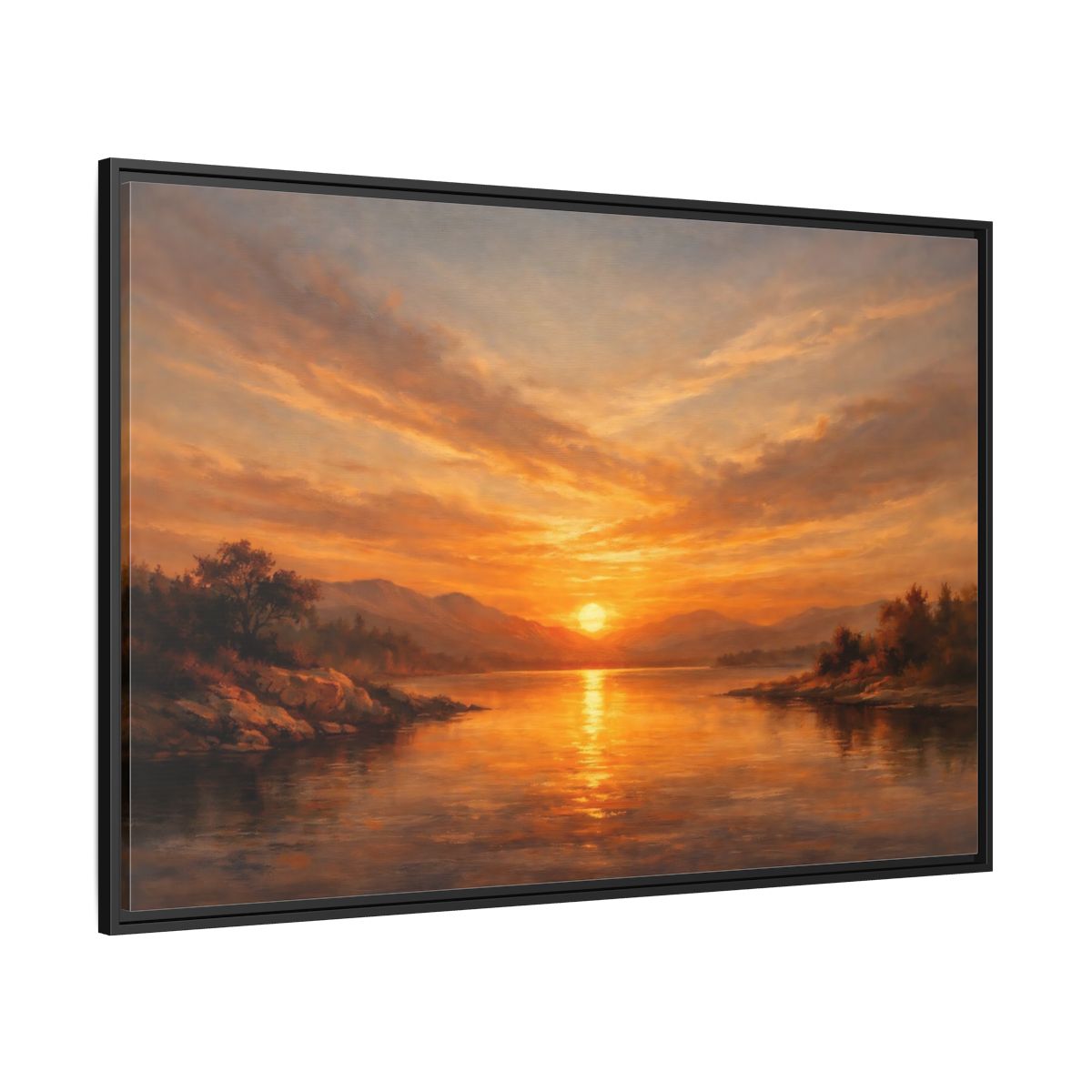 Side Mockup 12. Nature Sunset Lake Orange Sunset shown as stretched canvas wall art