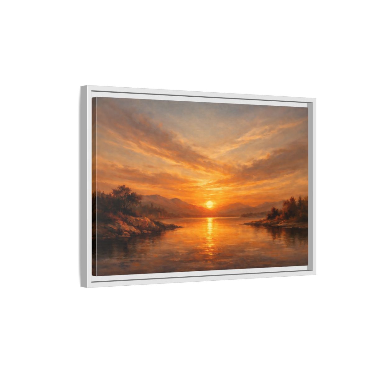 Side Mockup 1. Nature Sunset Lake Orange Sunset shown as stretched canvas wall art