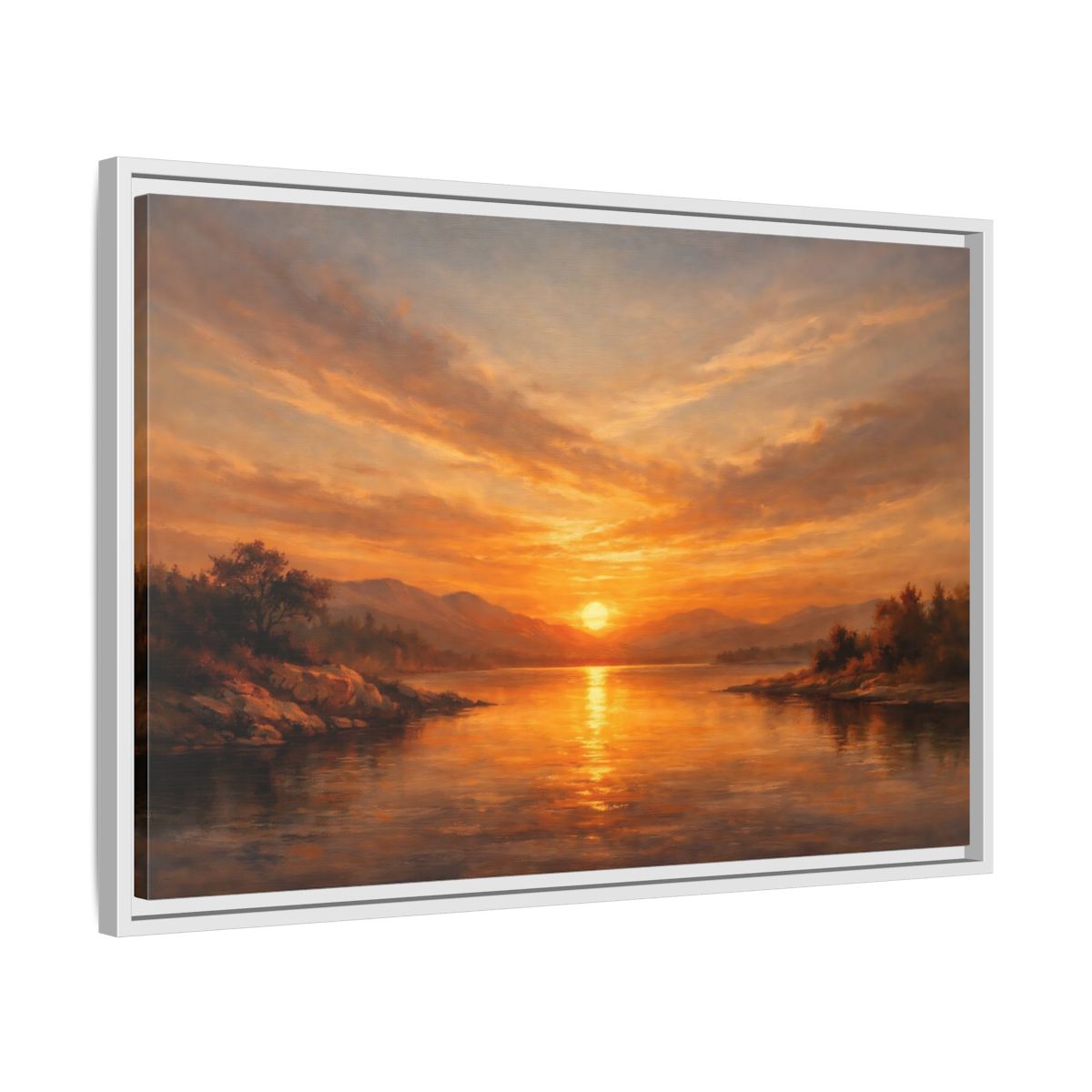 Side Mockup 10. Nature Sunset Lake Orange Sunset shown as stretched canvas wall art