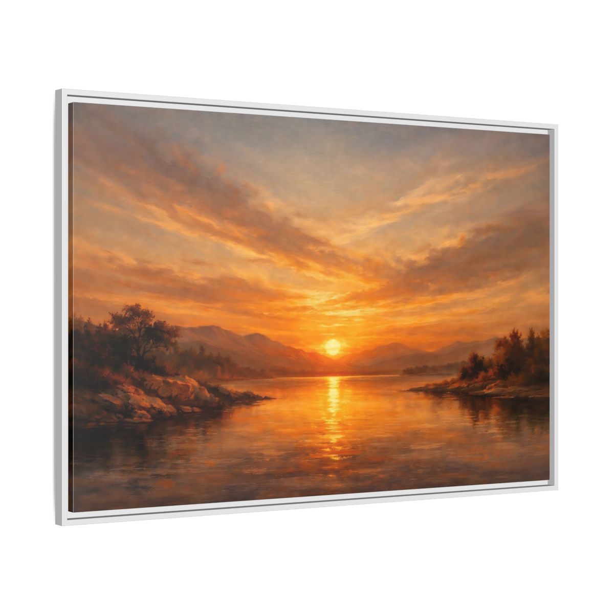 Side Mockup 7. Nature Sunset Lake Orange Sunset shown as stretched canvas wall art
