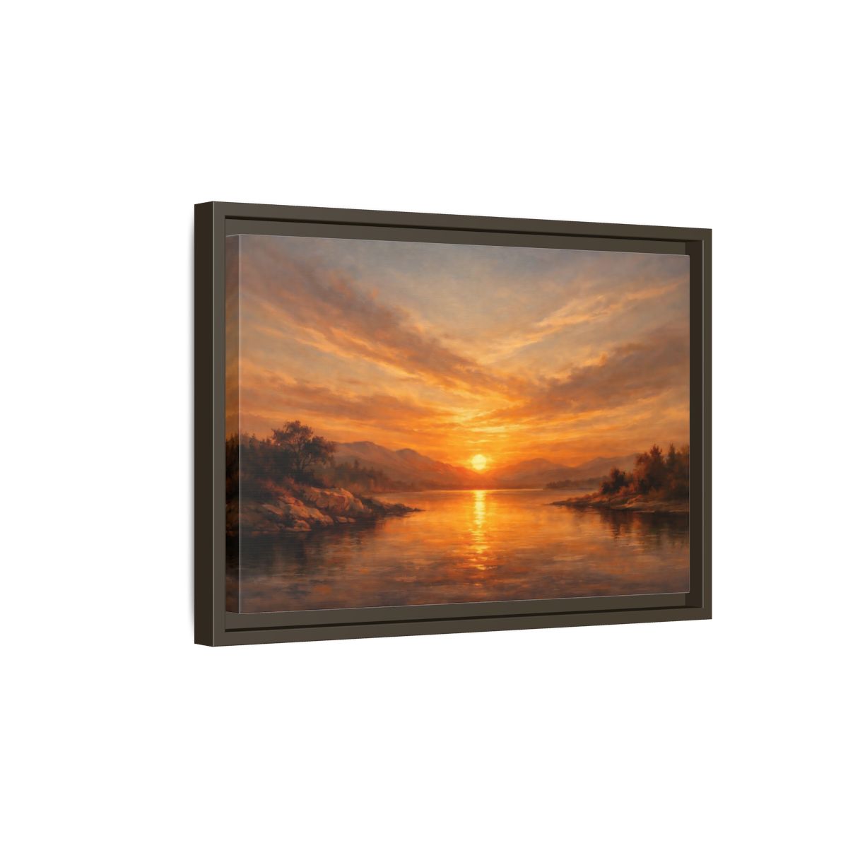 Side Mockup 5. Nature Sunset Lake Orange Sunset shown as stretched canvas wall art