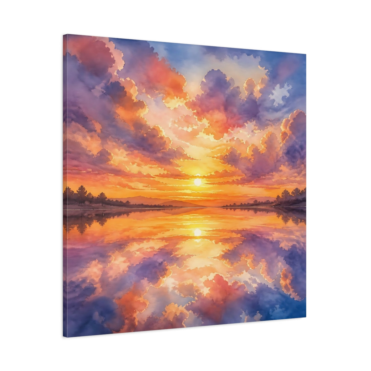 Side Mockup 1. Nature Sunset Lake Orange Purple Sunset shown as stretched canvas wall art