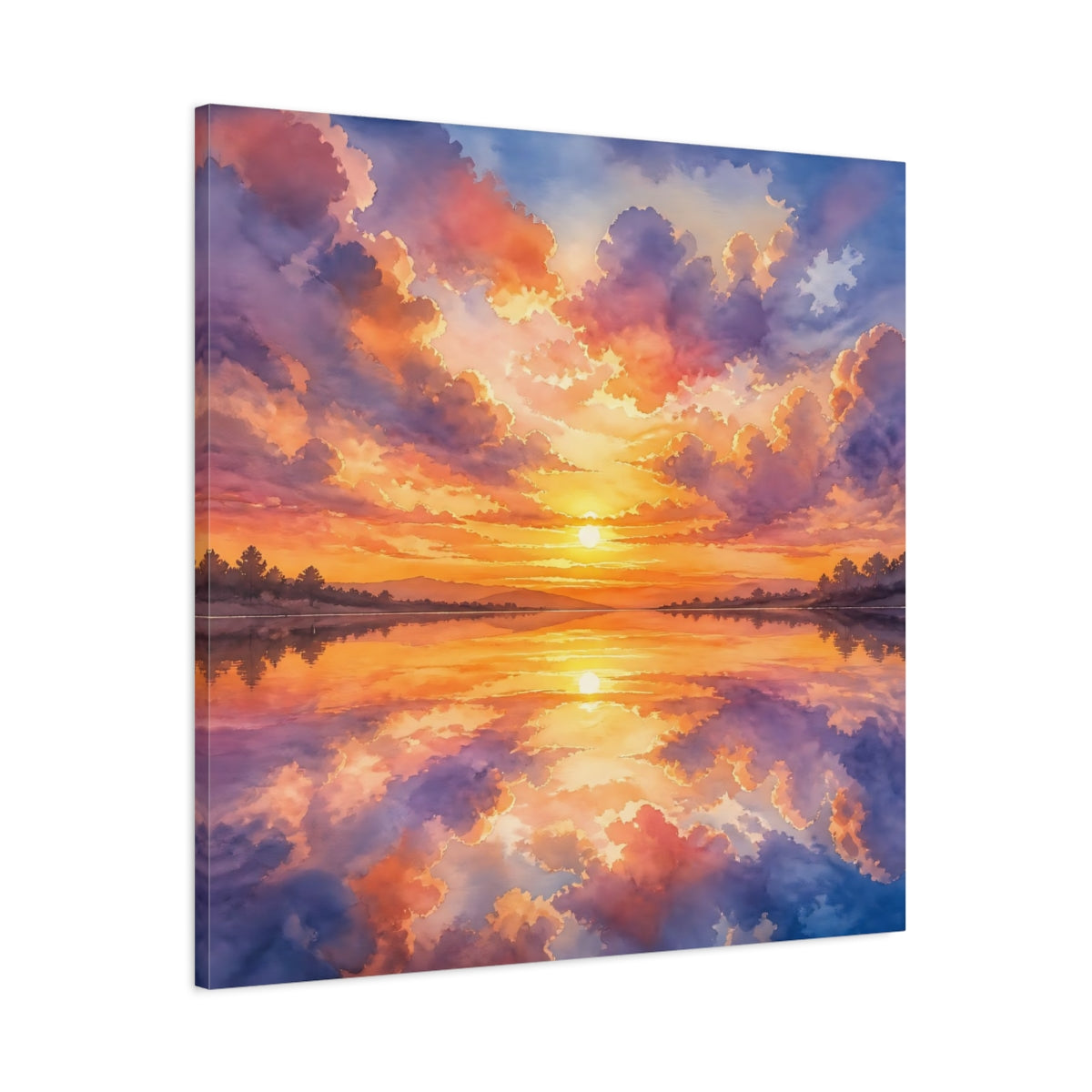 Main Mockup. Nature Sunset Lake Orange Purple Sunset shown as stretched canvas wall art