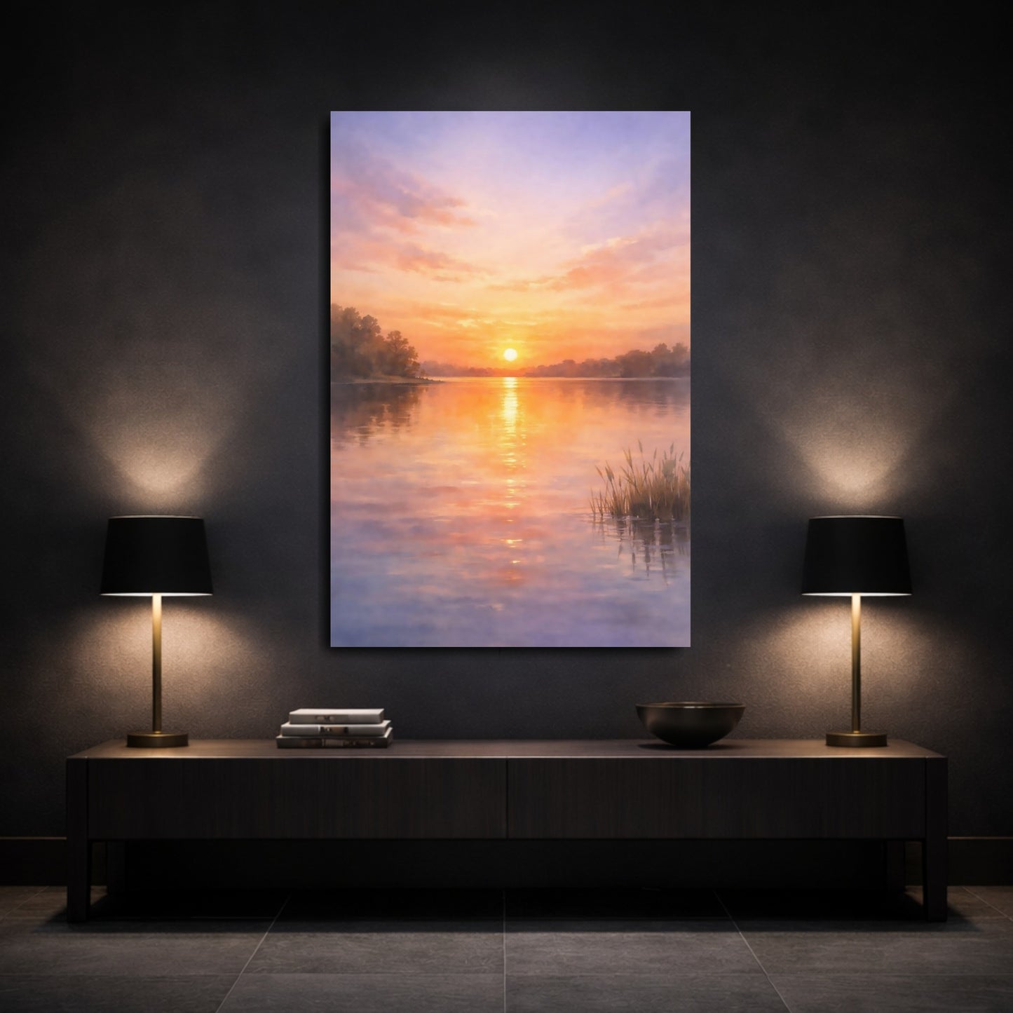 Mockup 2. Nature Sunset Lake Orange Purple Sunset shown as stretched canvas wall art