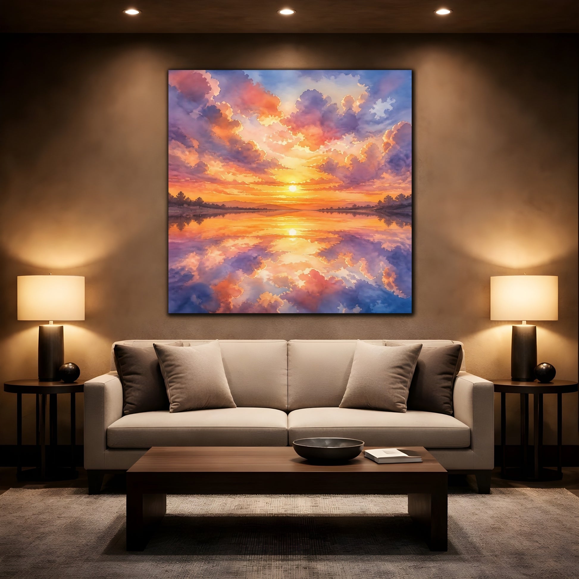 Mockup 2. Nature Sunset Lake Orange Purple Sunset shown as stretched canvas wall art