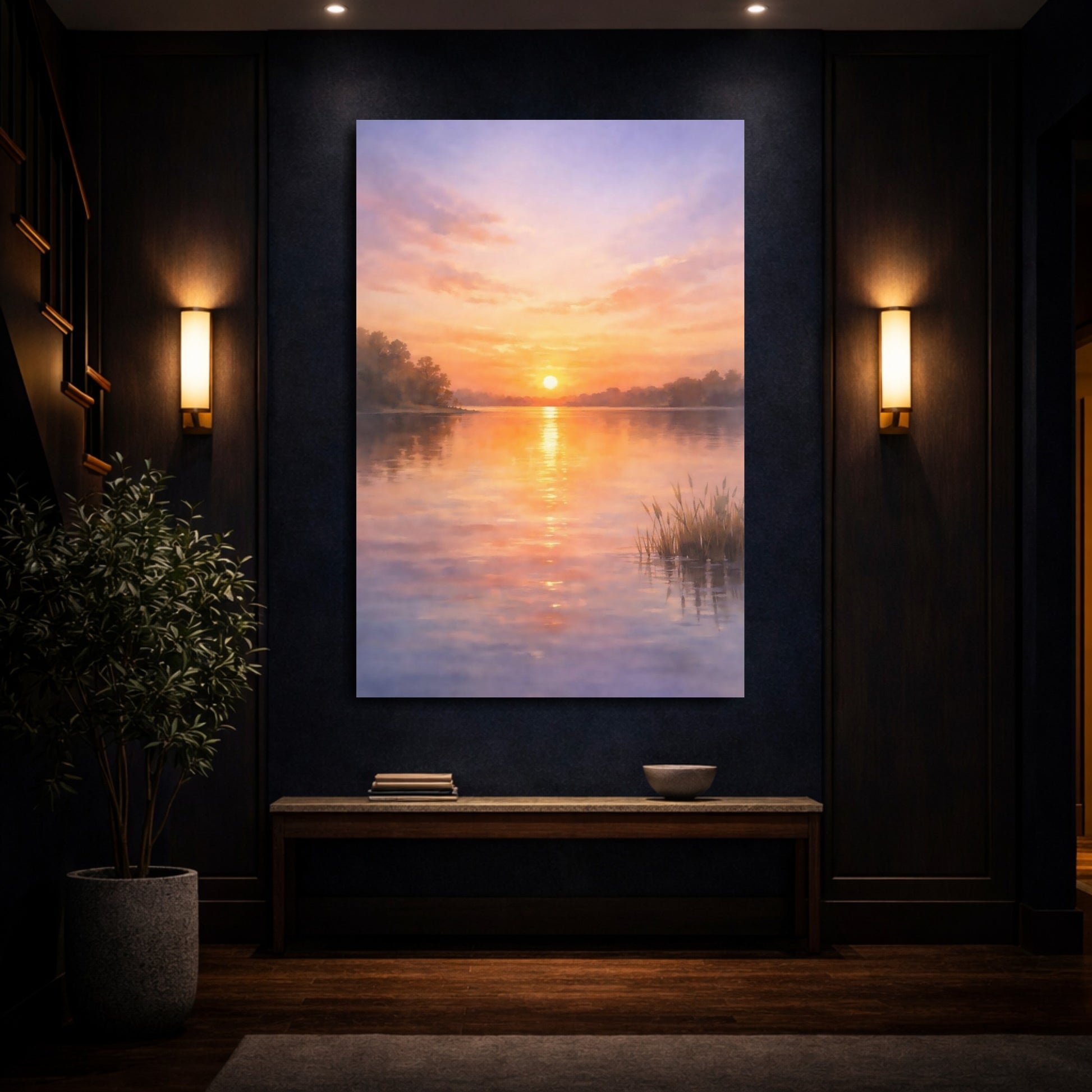 Mockup 3. Nature Sunset Lake Orange Purple Sunset shown as stretched canvas wall art