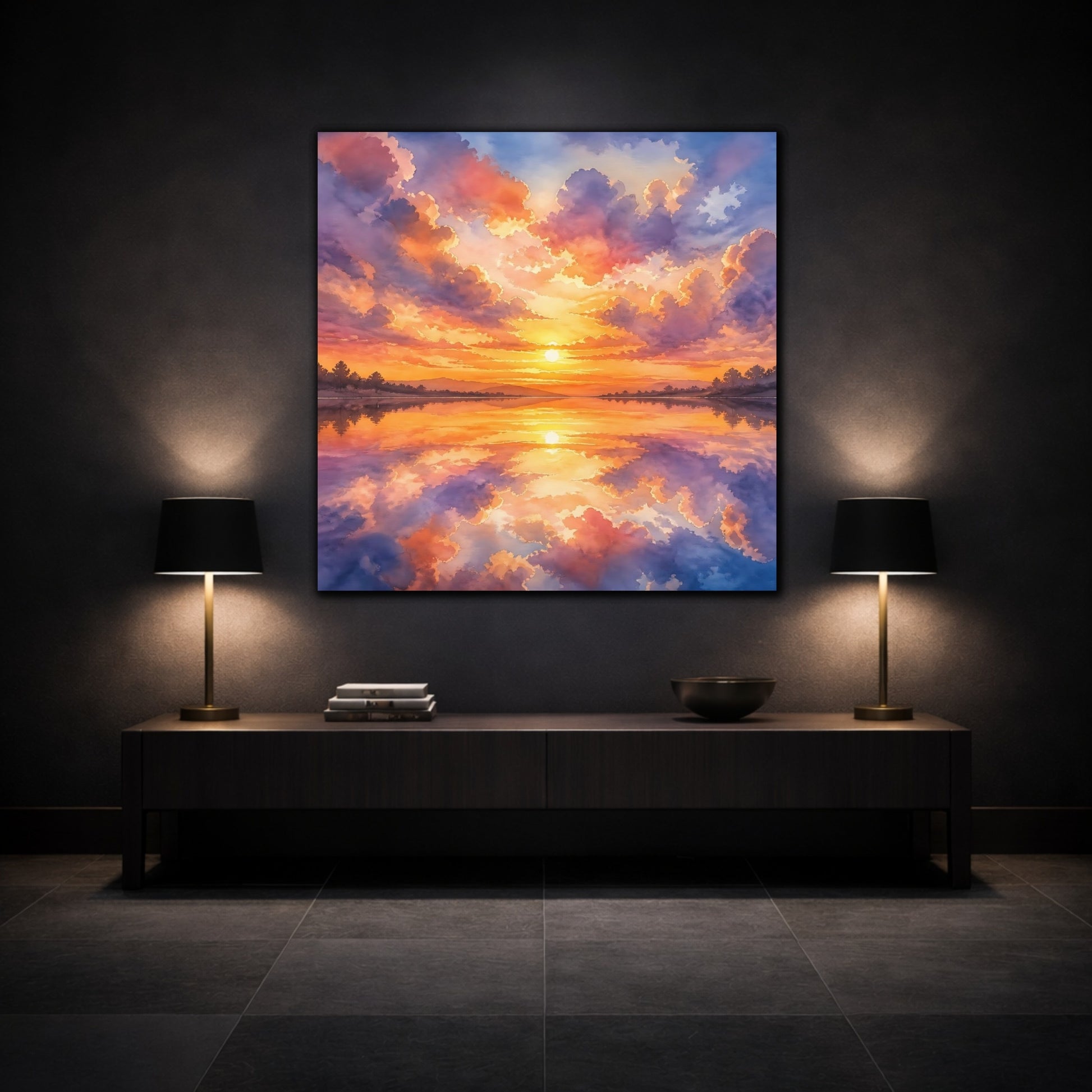 Mockup 3. Nature Sunset Lake Orange Purple Sunset shown as stretched canvas wall art