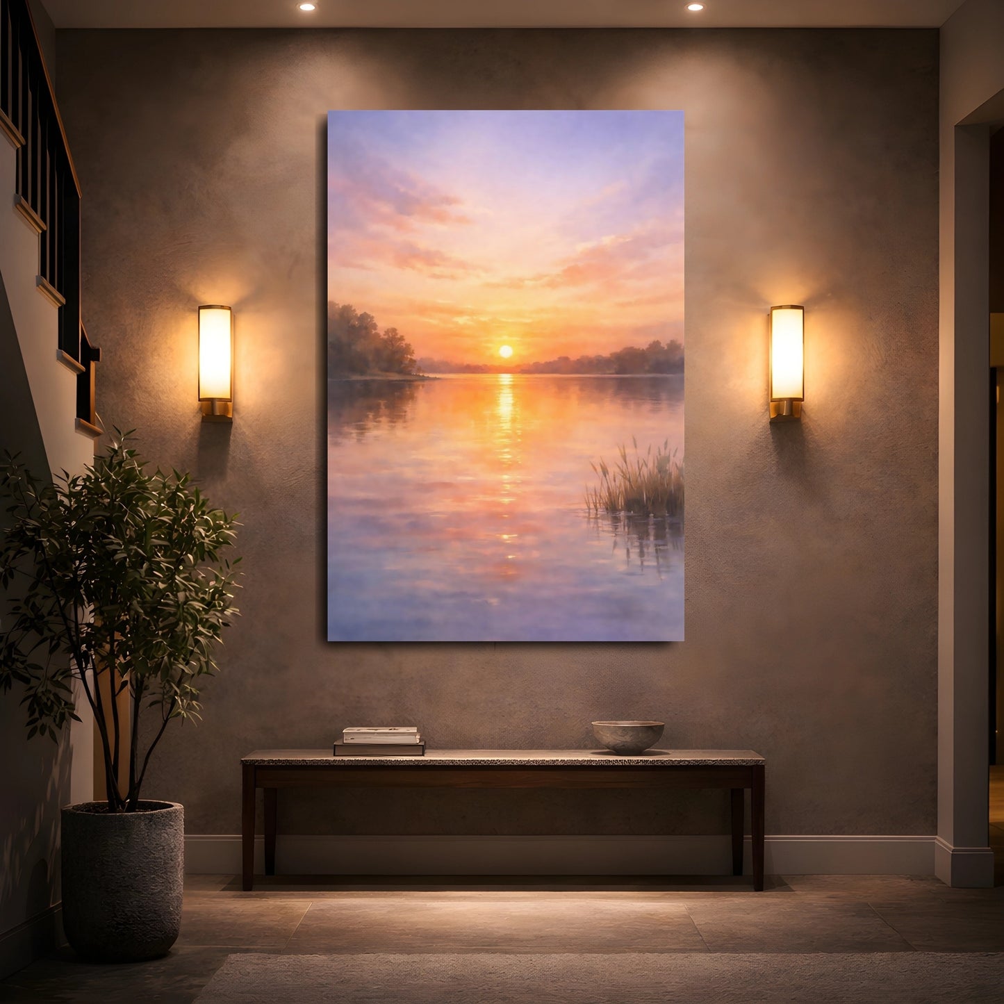 Mockup 4. Nature Sunset Lake Orange Purple Sunset shown as stretched canvas wall art