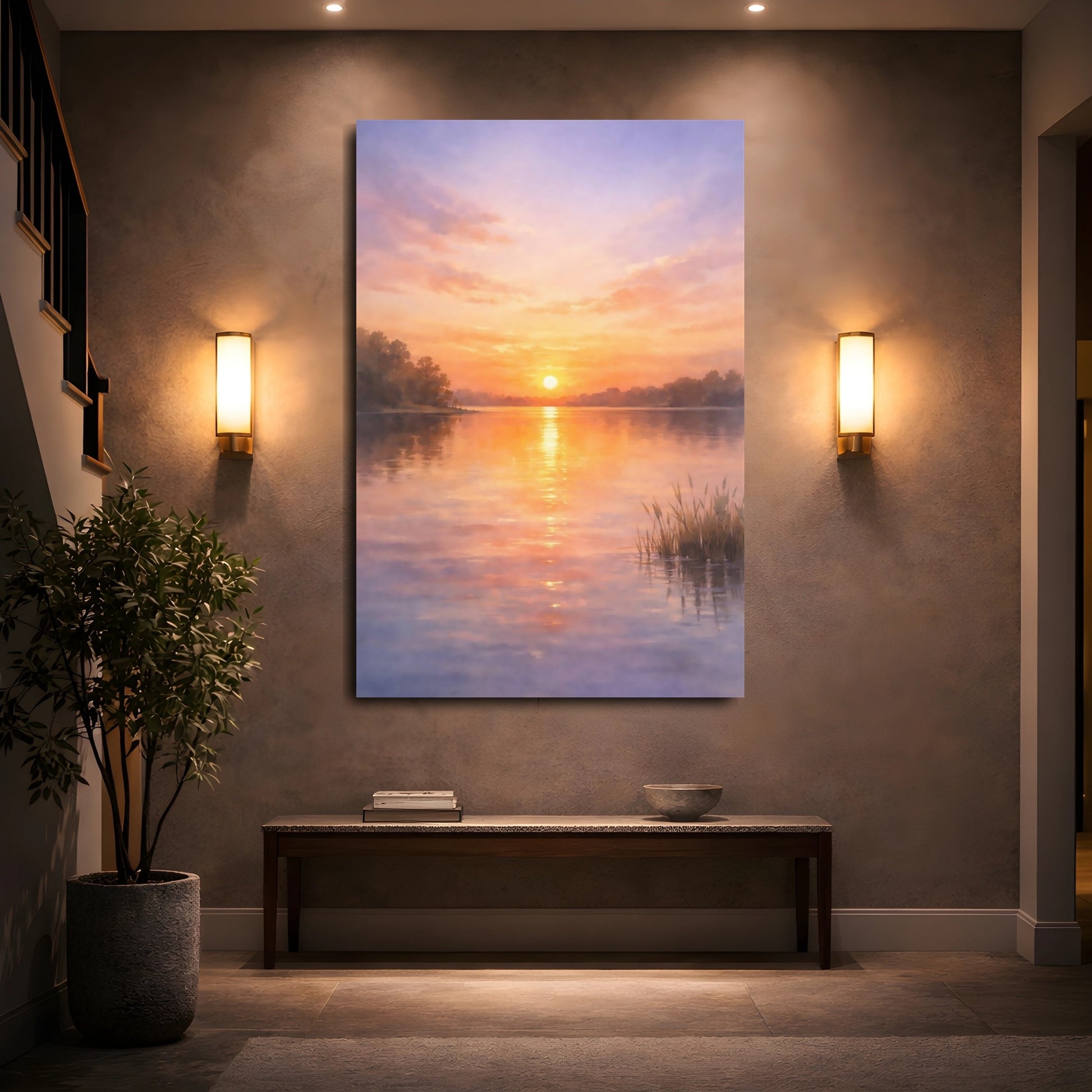 Mockup 4. Nature Sunset Lake Orange Purple Sunset shown as stretched canvas wall art