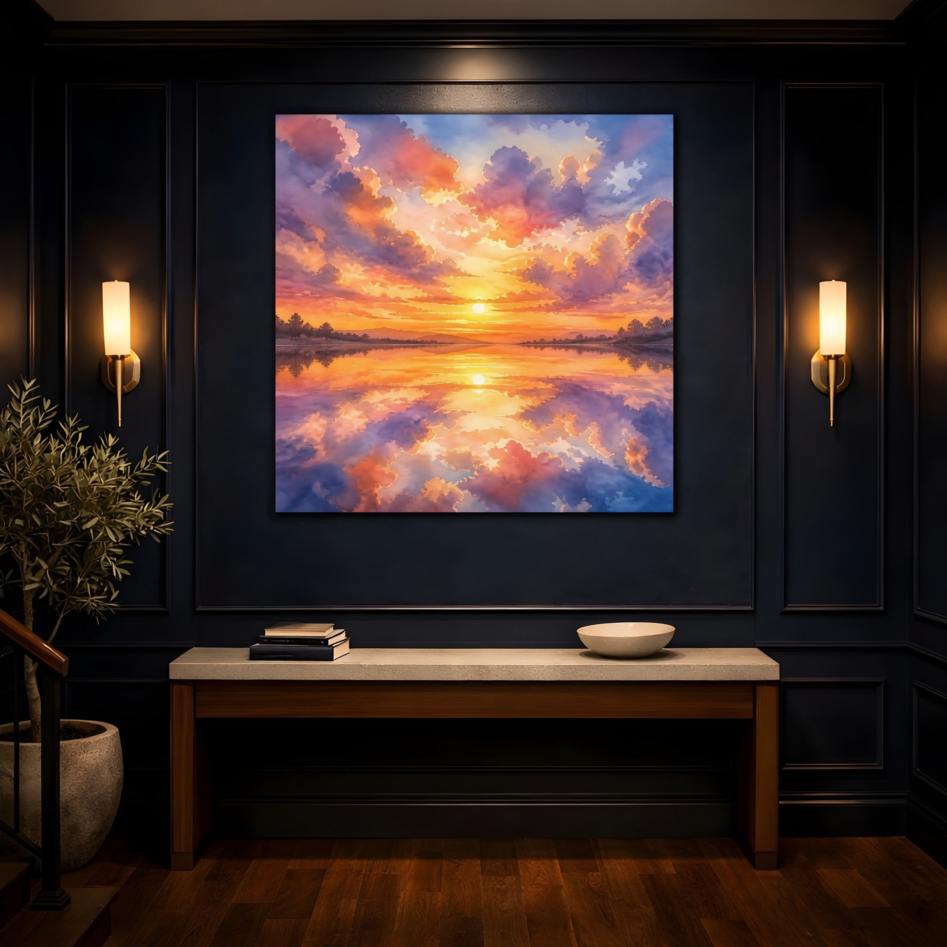 Mockup 4. Nature Sunset Lake Orange Purple Sunset shown as stretched canvas wall art