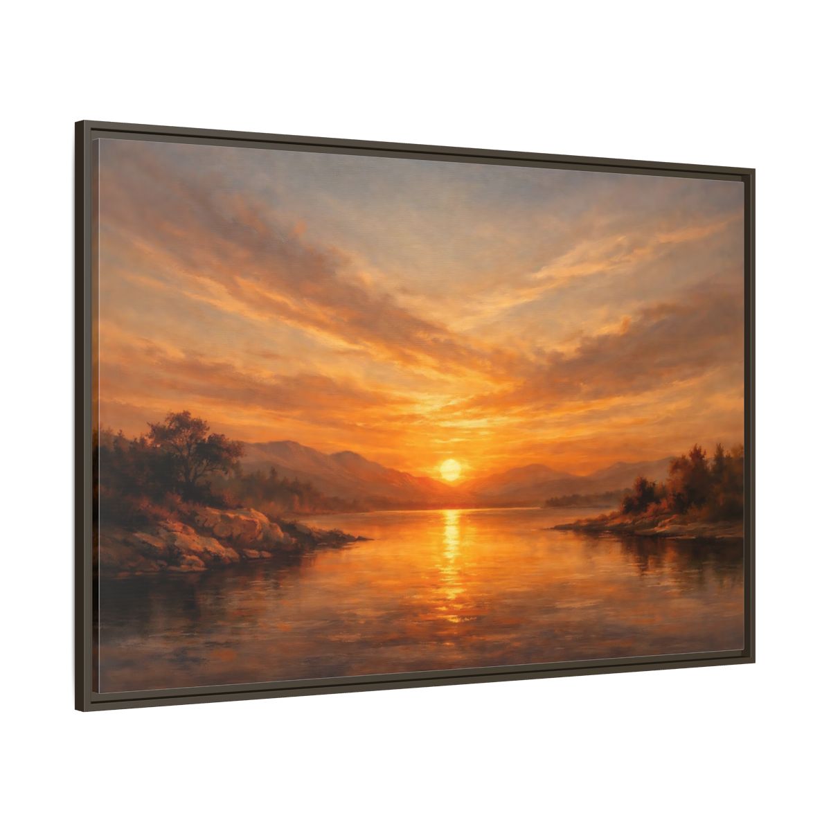 Main Mockup. Nature Sunset Lake Orange Sunset shown as stretched canvas wall art