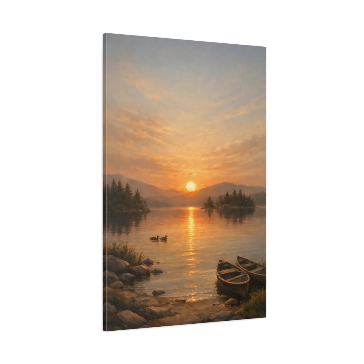 Main Mockup. Nature Sunset Lake Orange Sunset Lake shown as stretched canvas wall art