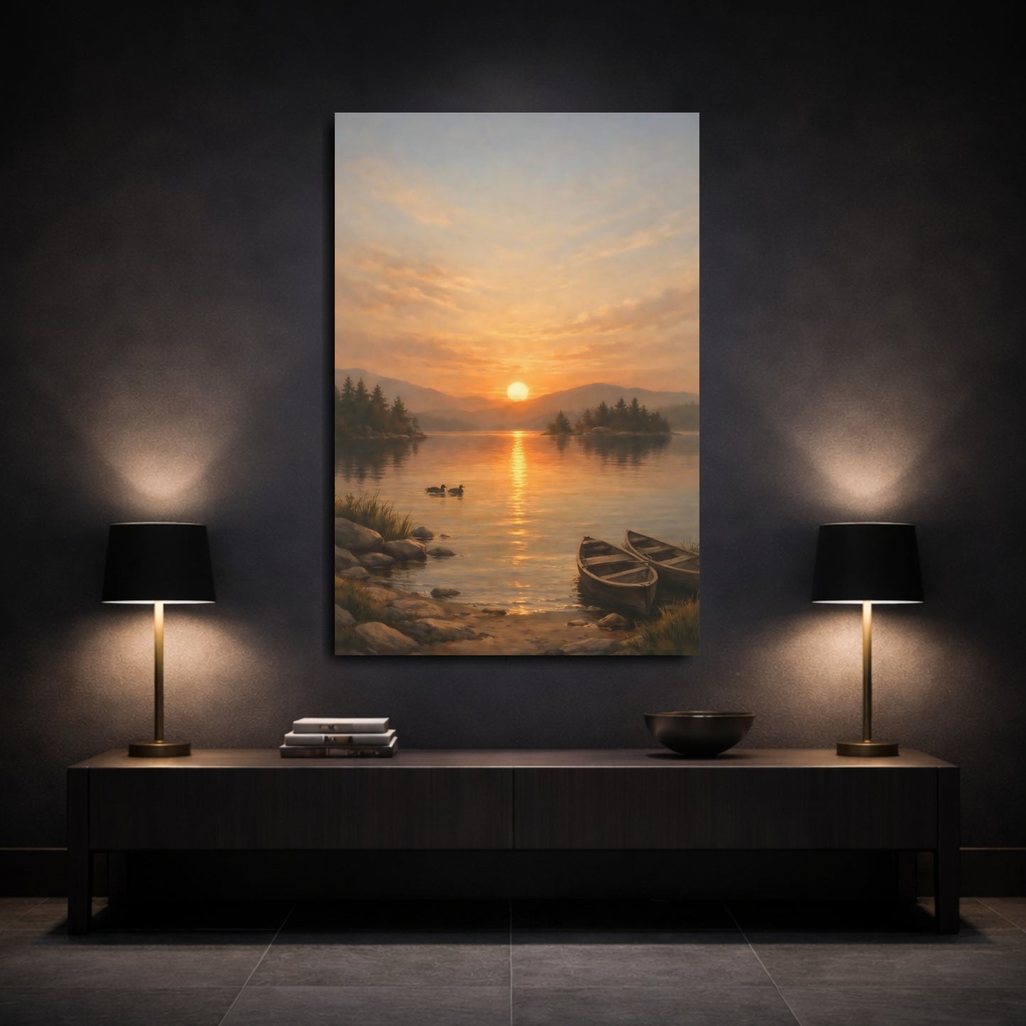 Mockup 2. Nature Sunset Lake Orange Sunset Lake shown as stretched canvas wall art