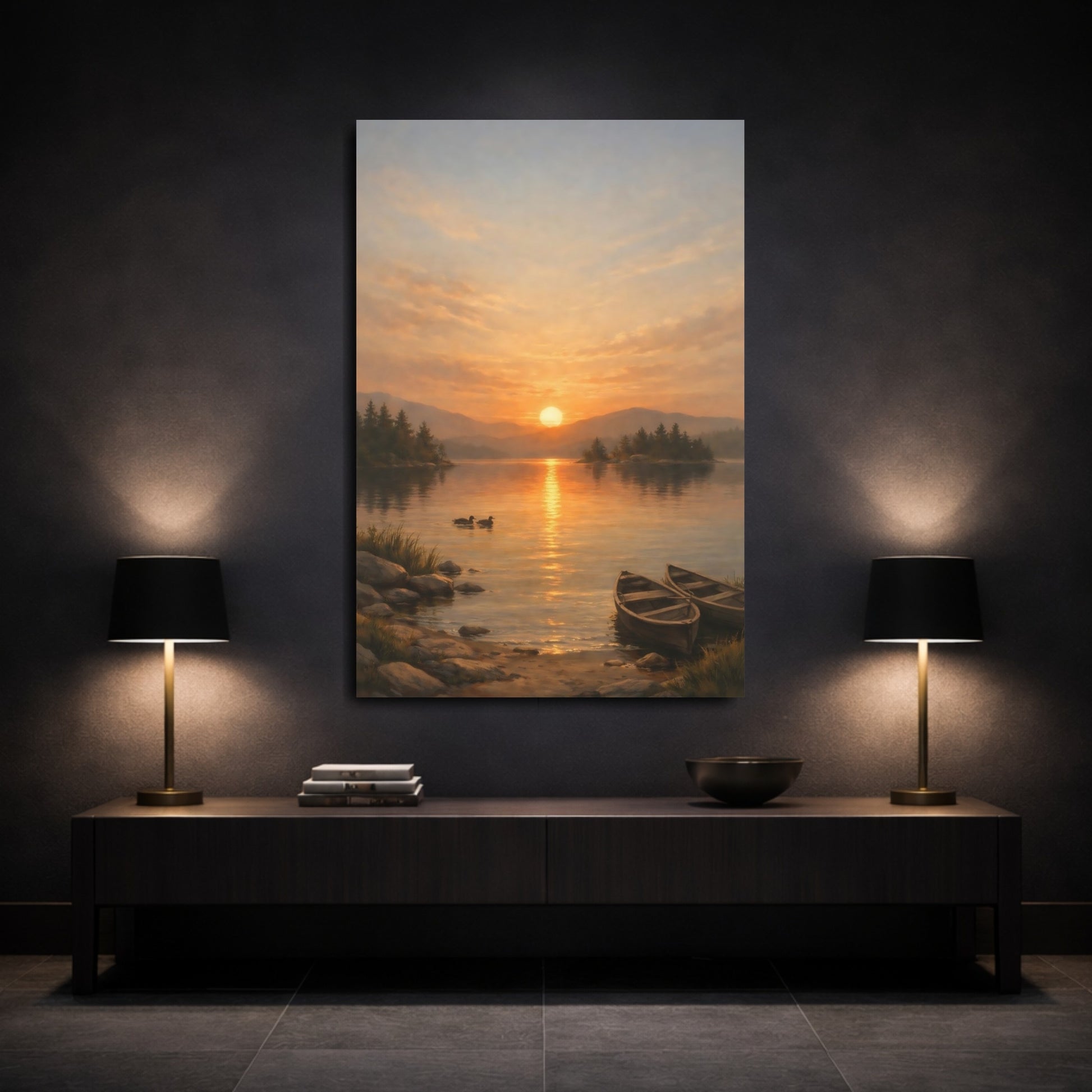 Mockup 2. Nature Sunset Lake Orange Sunset Lake shown as stretched canvas wall art