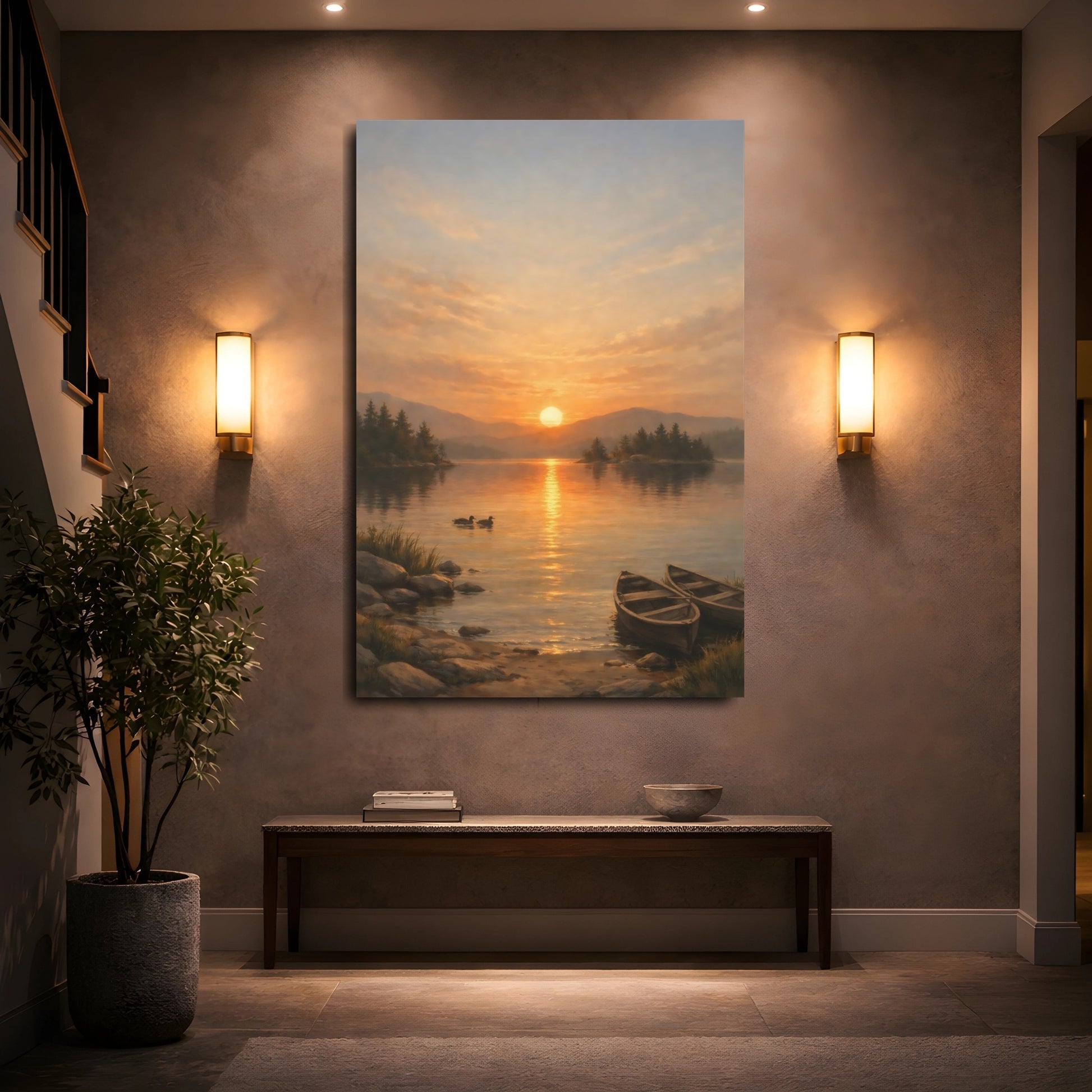 Mockup 4. Nature Sunset Lake Orange Sunset Lake shown as stretched canvas wall art