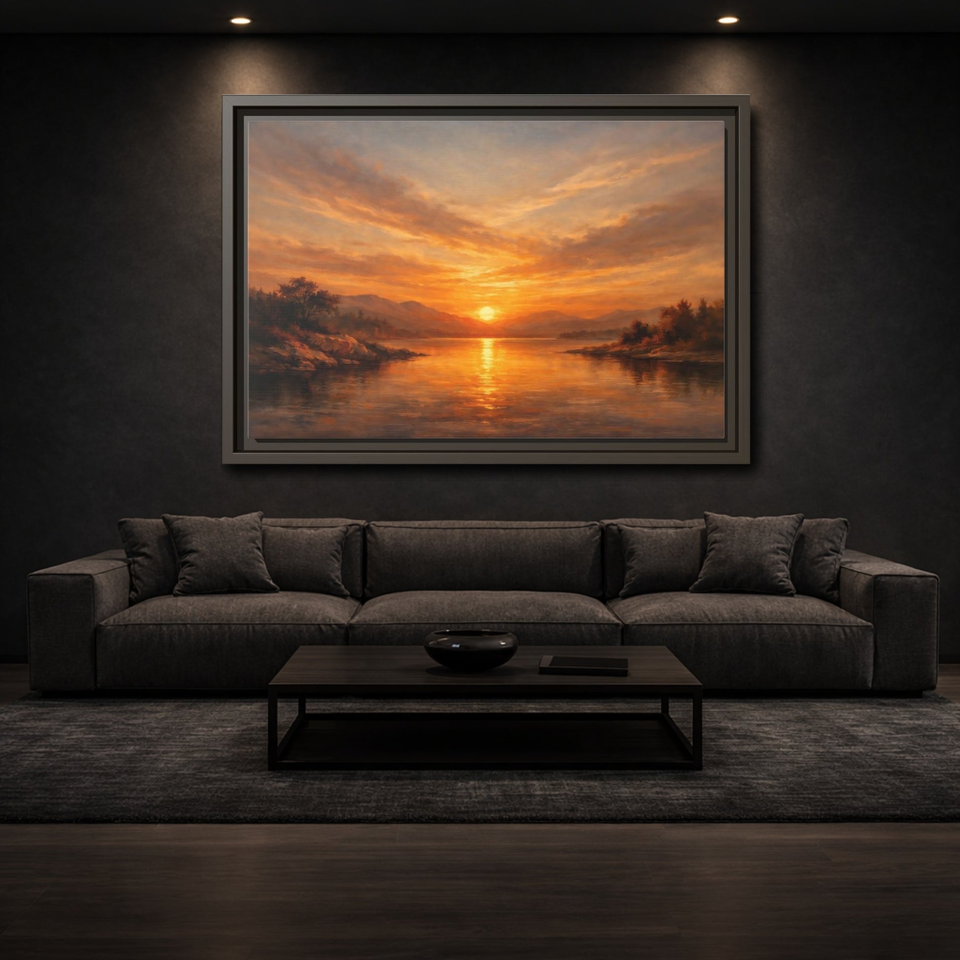 Mockup 2. Nature Sunset Lake Orange Sunset shown as stretched canvas wall art