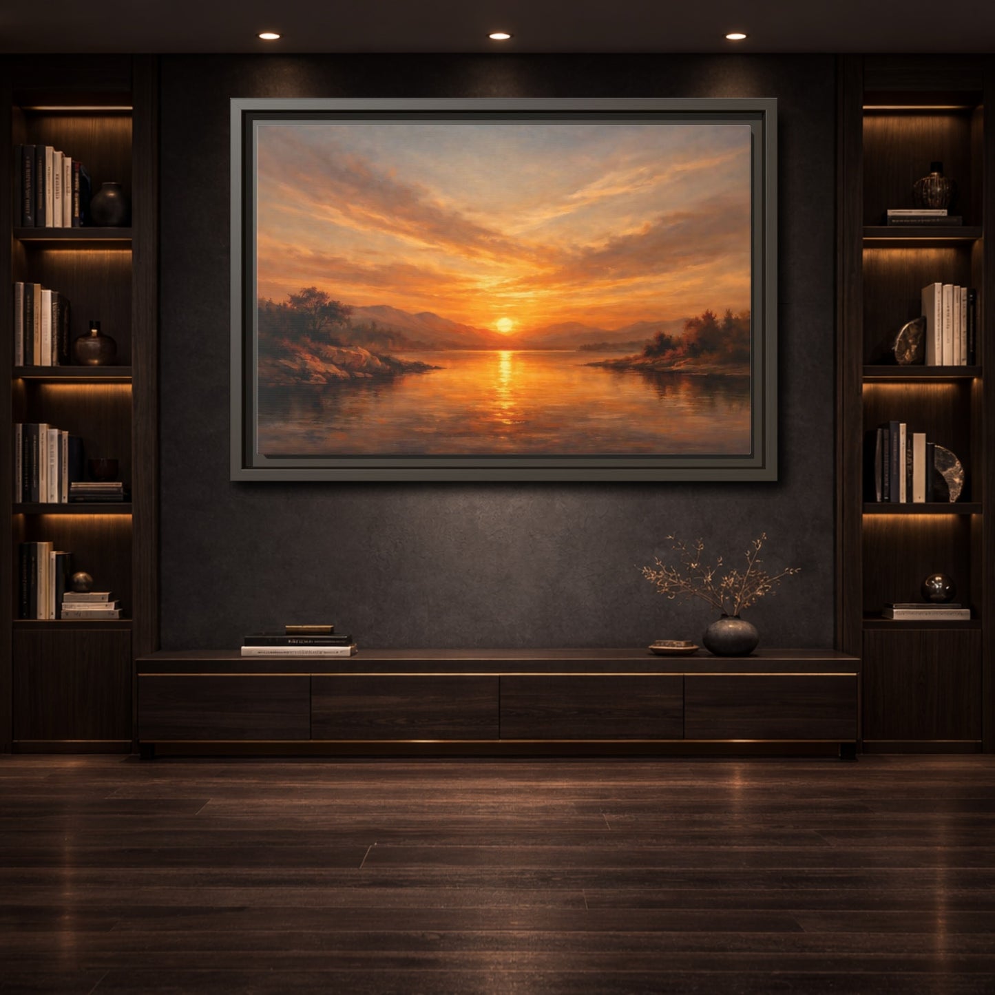 Mockup 3. Nature Sunset Lake Orange Sunset shown as stretched canvas wall art