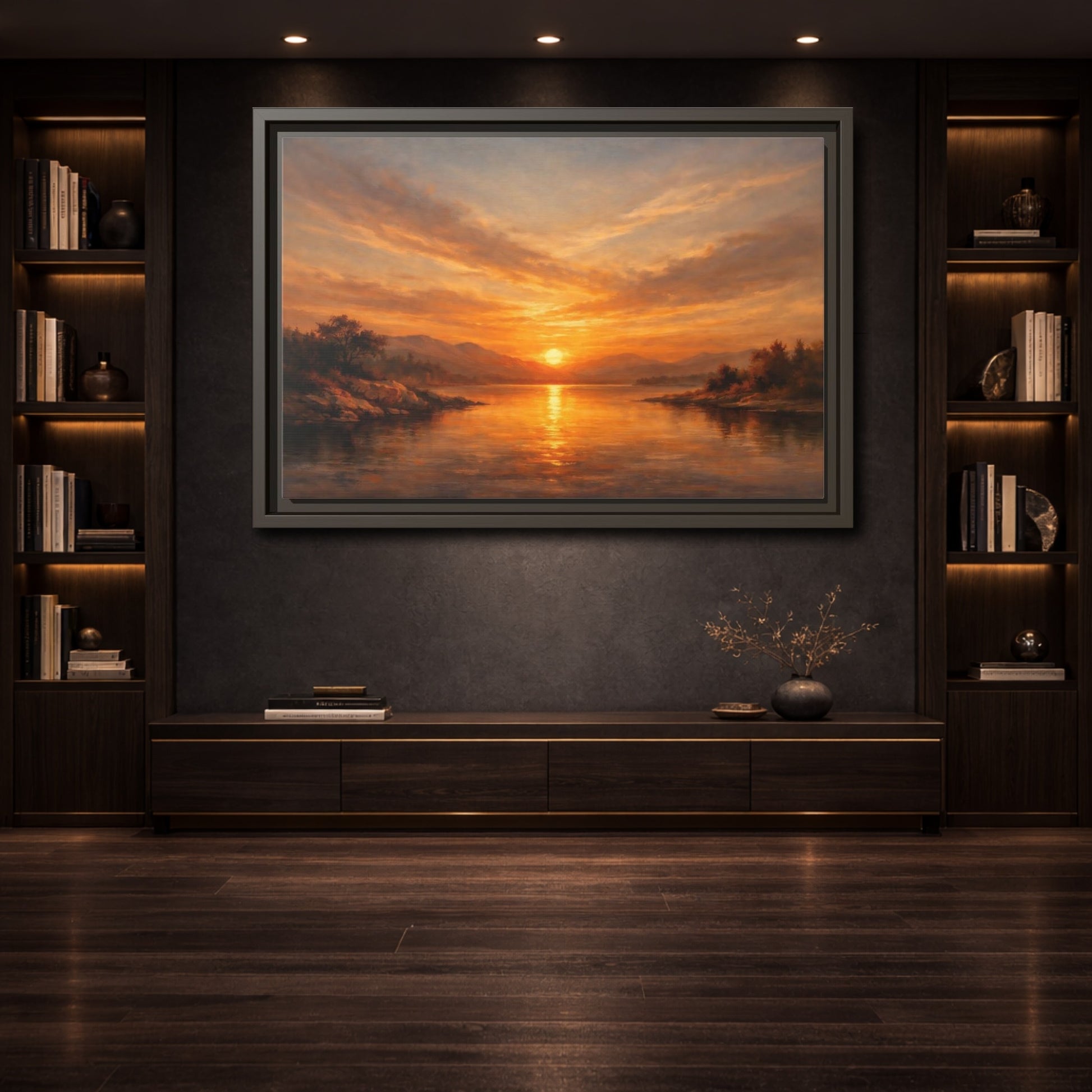 Mockup 3. Nature Sunset Lake Orange Sunset shown as stretched canvas wall art