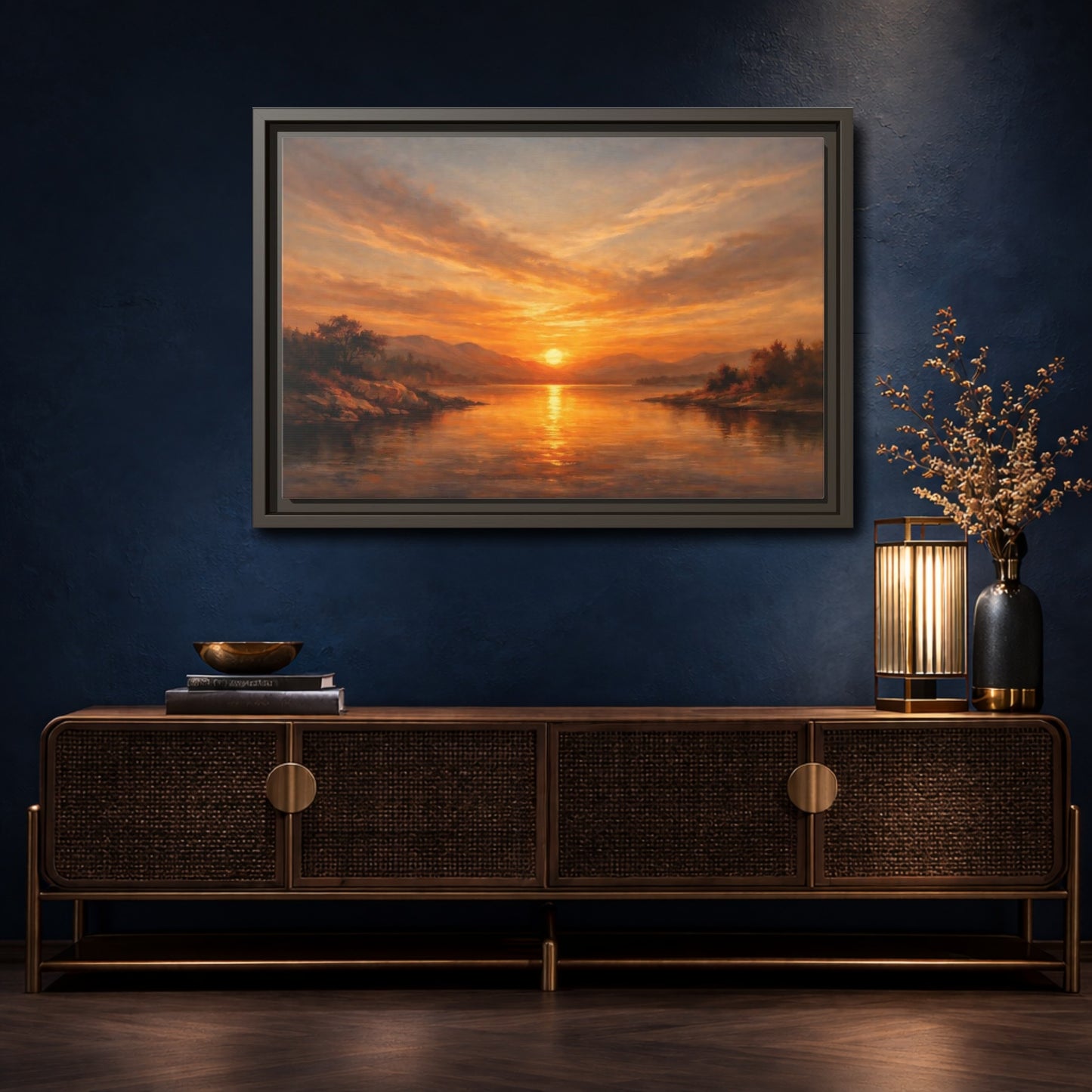 Mockup 4. Nature Sunset Lake Orange Sunset shown as stretched canvas wall art