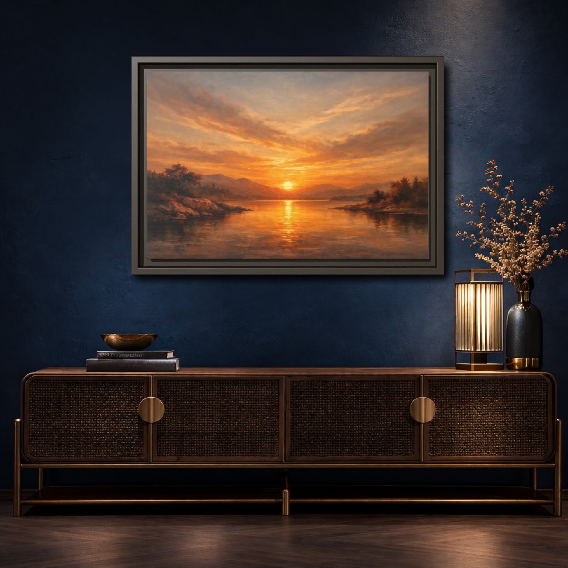 Mockup 4. Nature Sunset Lake Orange Sunset shown as stretched canvas wall art