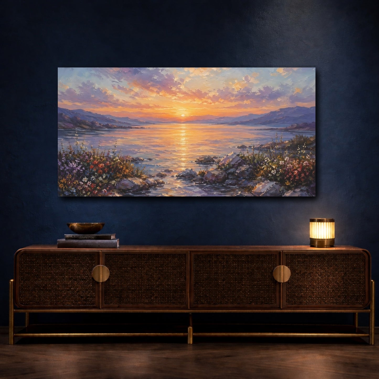 Mockup 4. Nature Sunset Lake Sunset Landscape shown as stretched canvas wall art