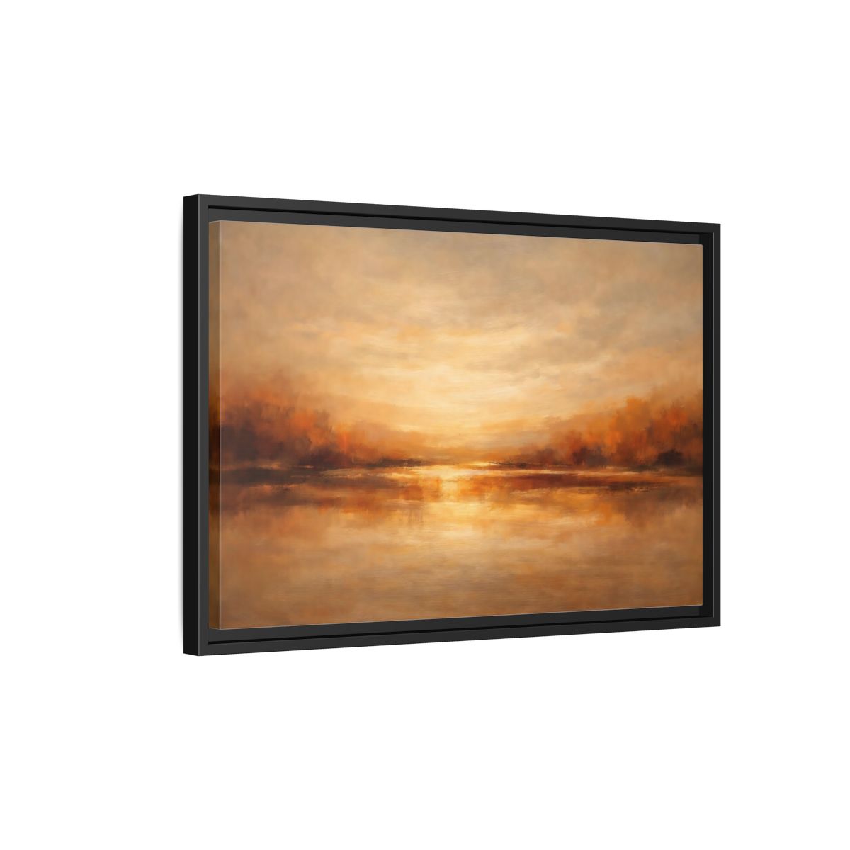 Side Mockup 3. Nature Sunset Lake Warm Autumn Landscape shown as stretched canvas wall art