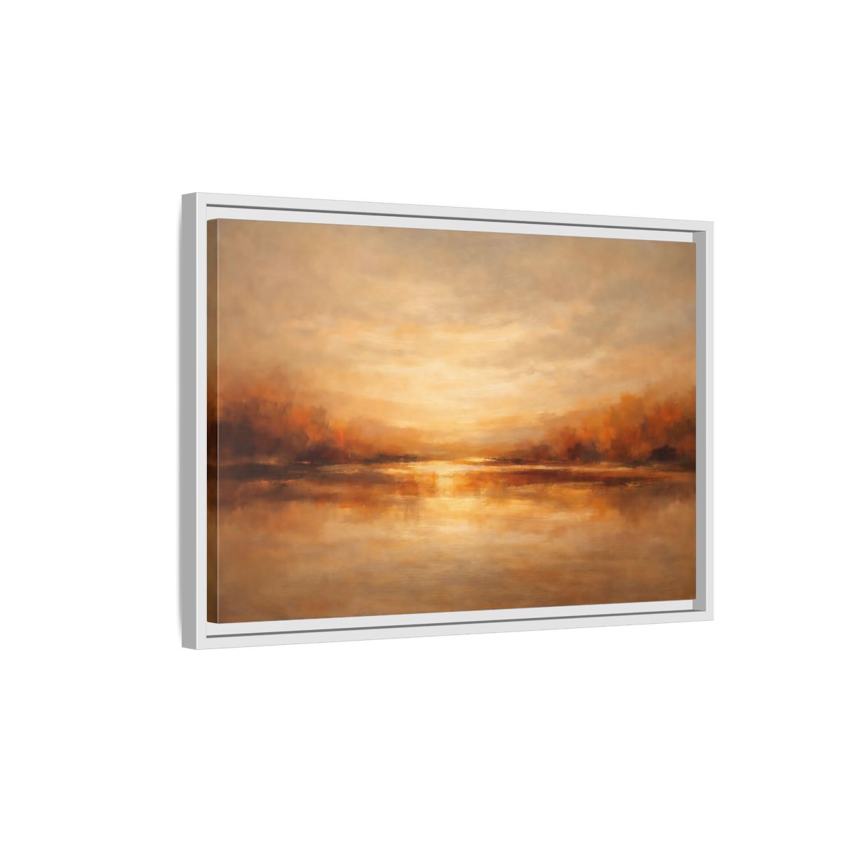 Side Mockup 1. Nature Sunset Lake Warm Autumn Landscape shown as stretched canvas wall art