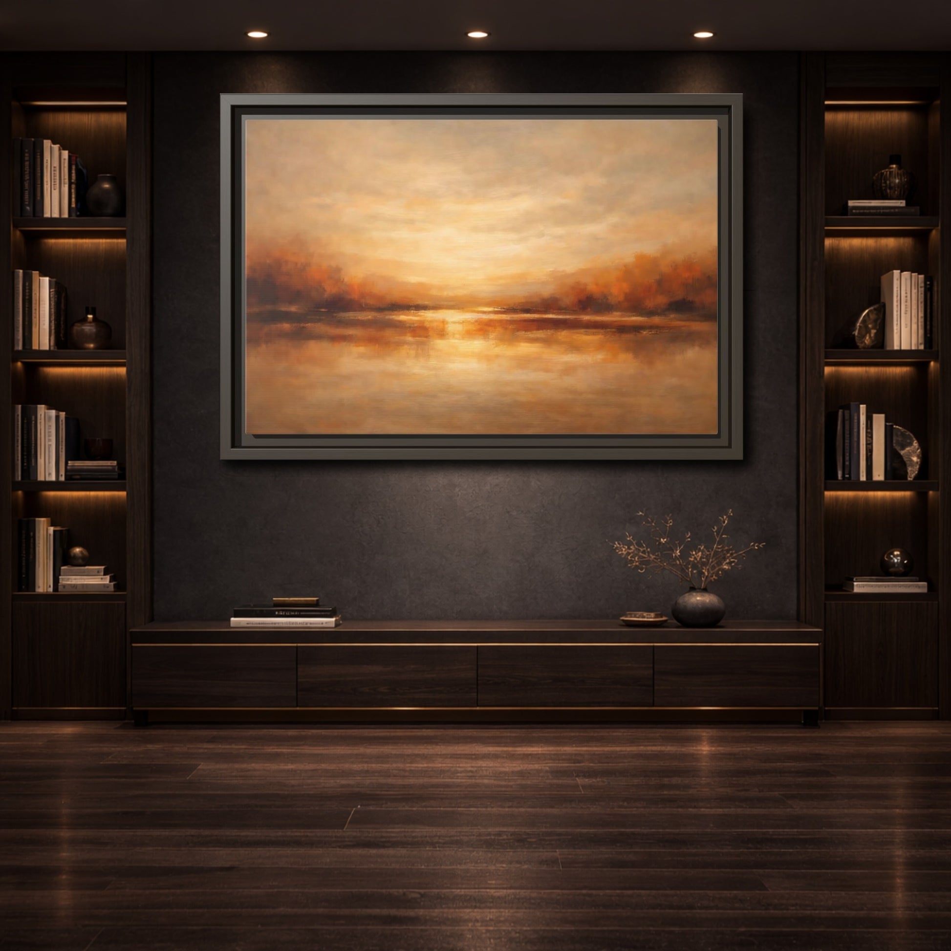 Mockup 3. Nature Sunset Lake Warm Autumn Landscape shown as stretched canvas wall art