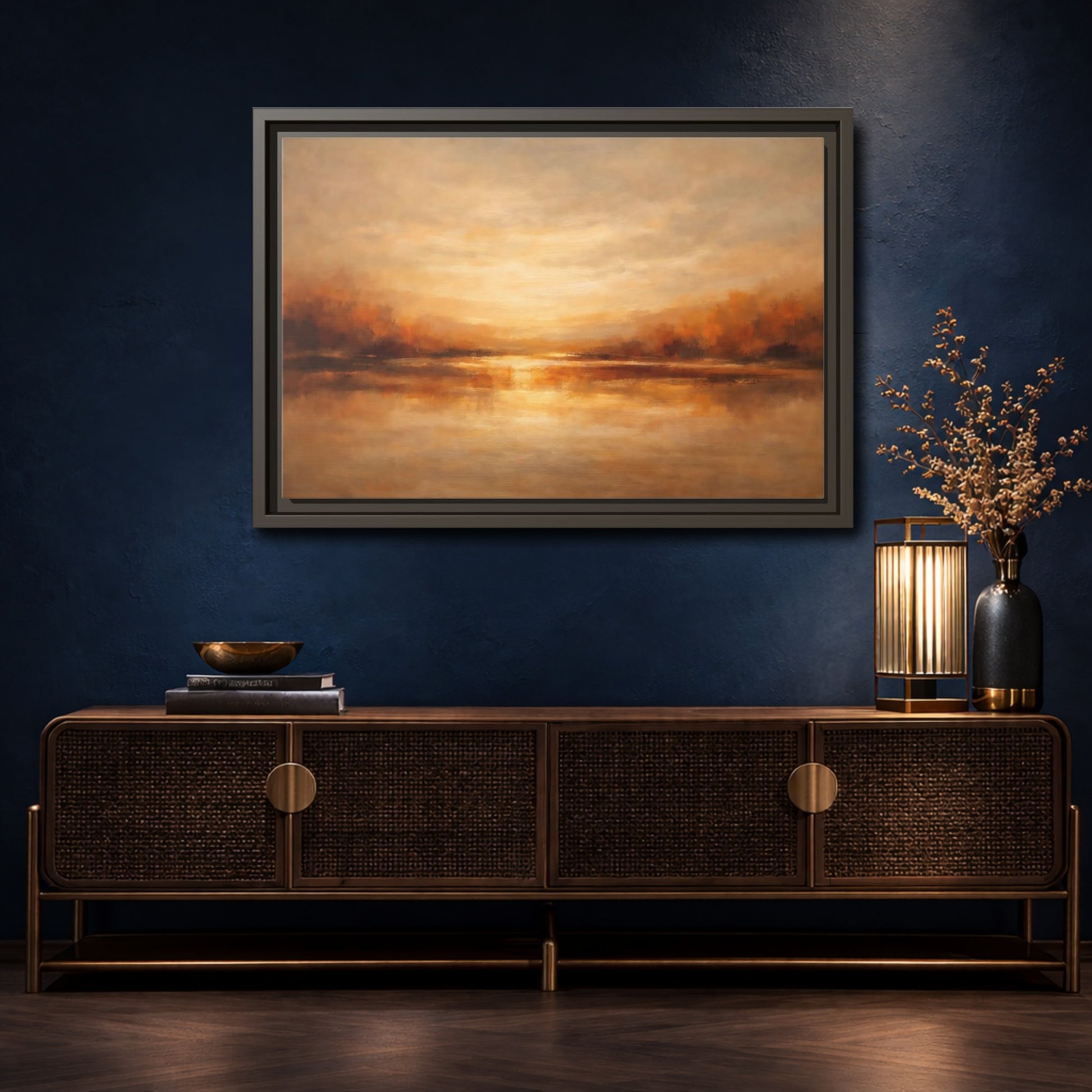 Mockup 4. Nature Sunset Lake Warm Autumn Landscape shown as stretched canvas wall art