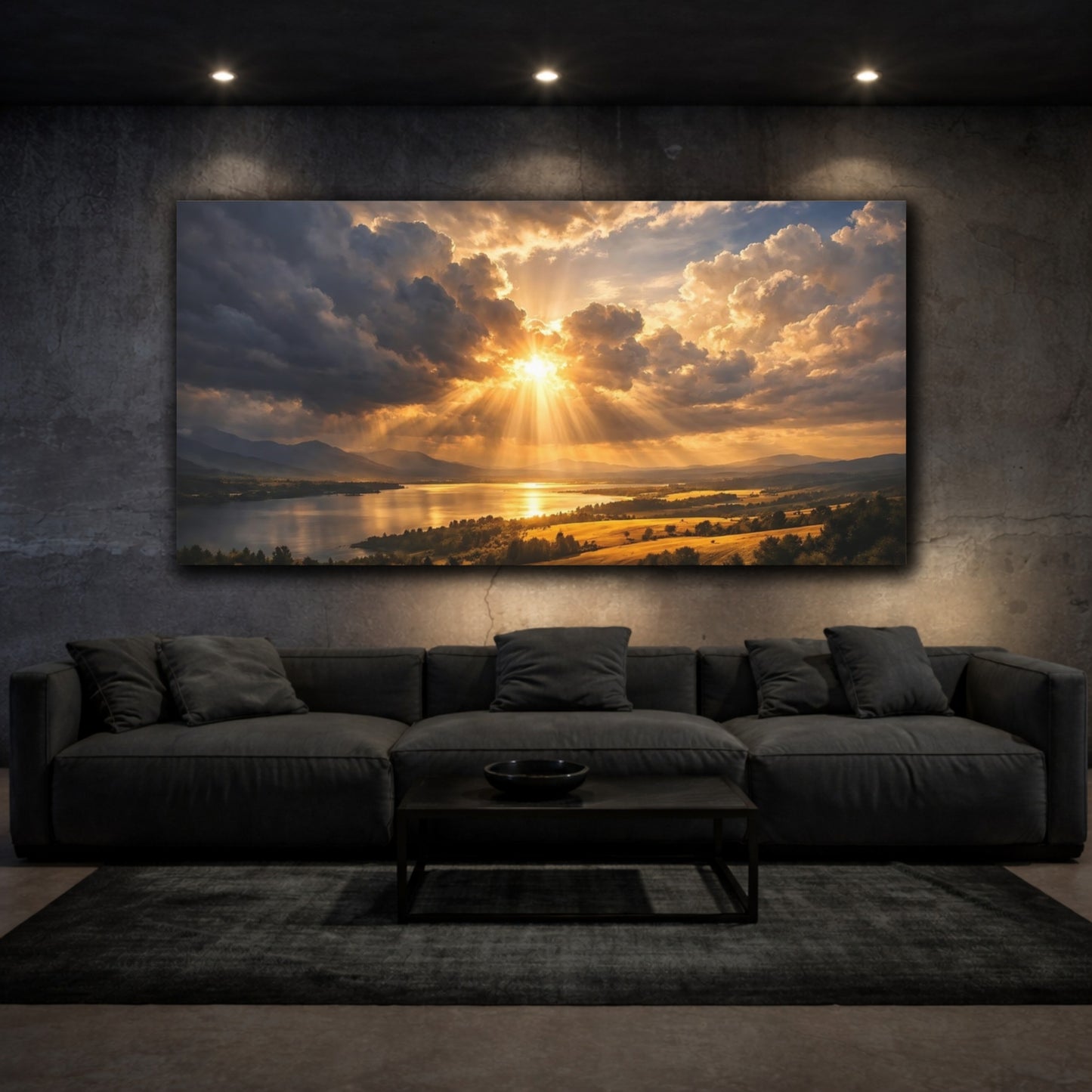 Mockup 2. Nature Sunset Landscape Golden Sunset Landscape shown as stretched canvas wall art