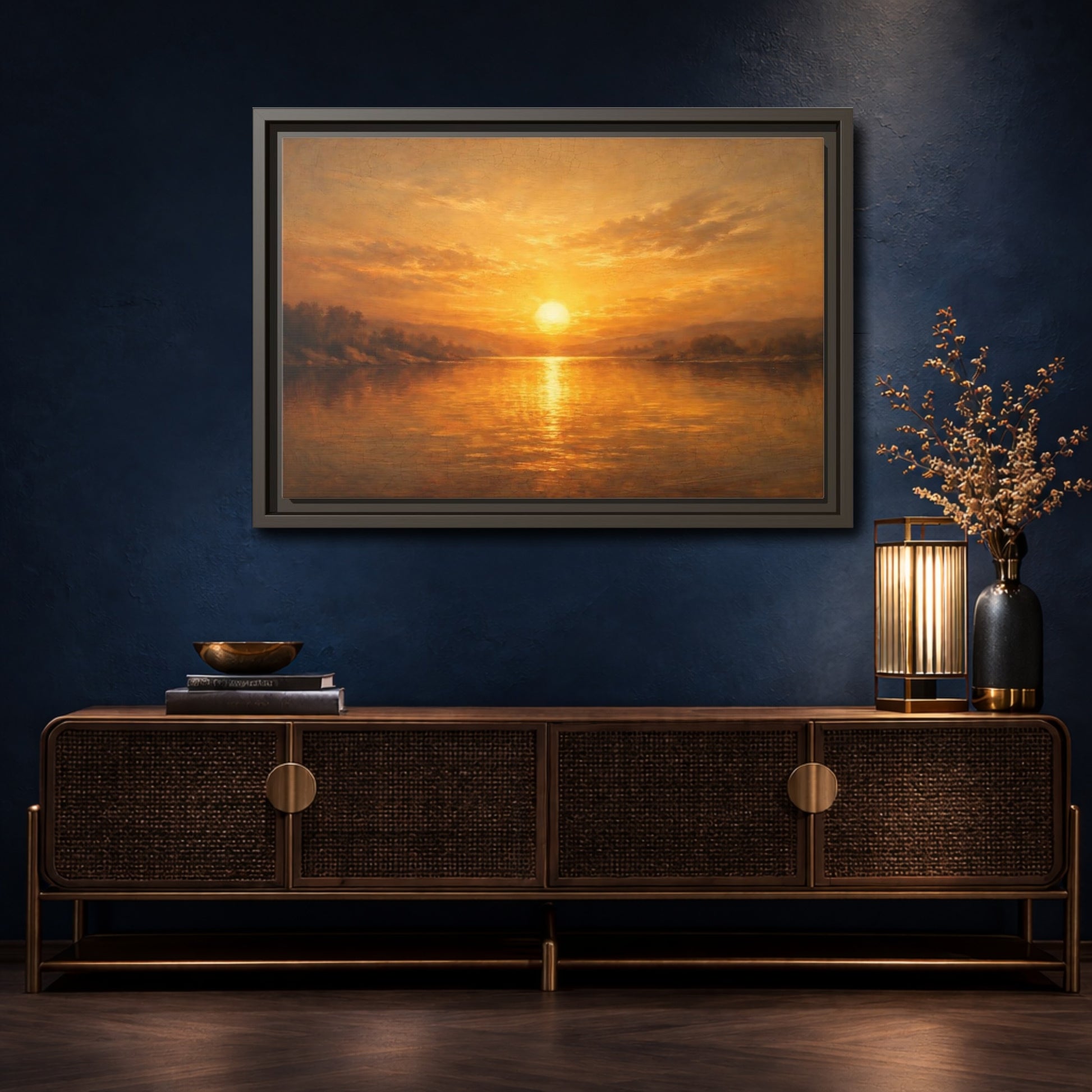 Mockup 4. Nature Sunset Landscape Golden Sunset Landscape shown as stretched canvas wall art