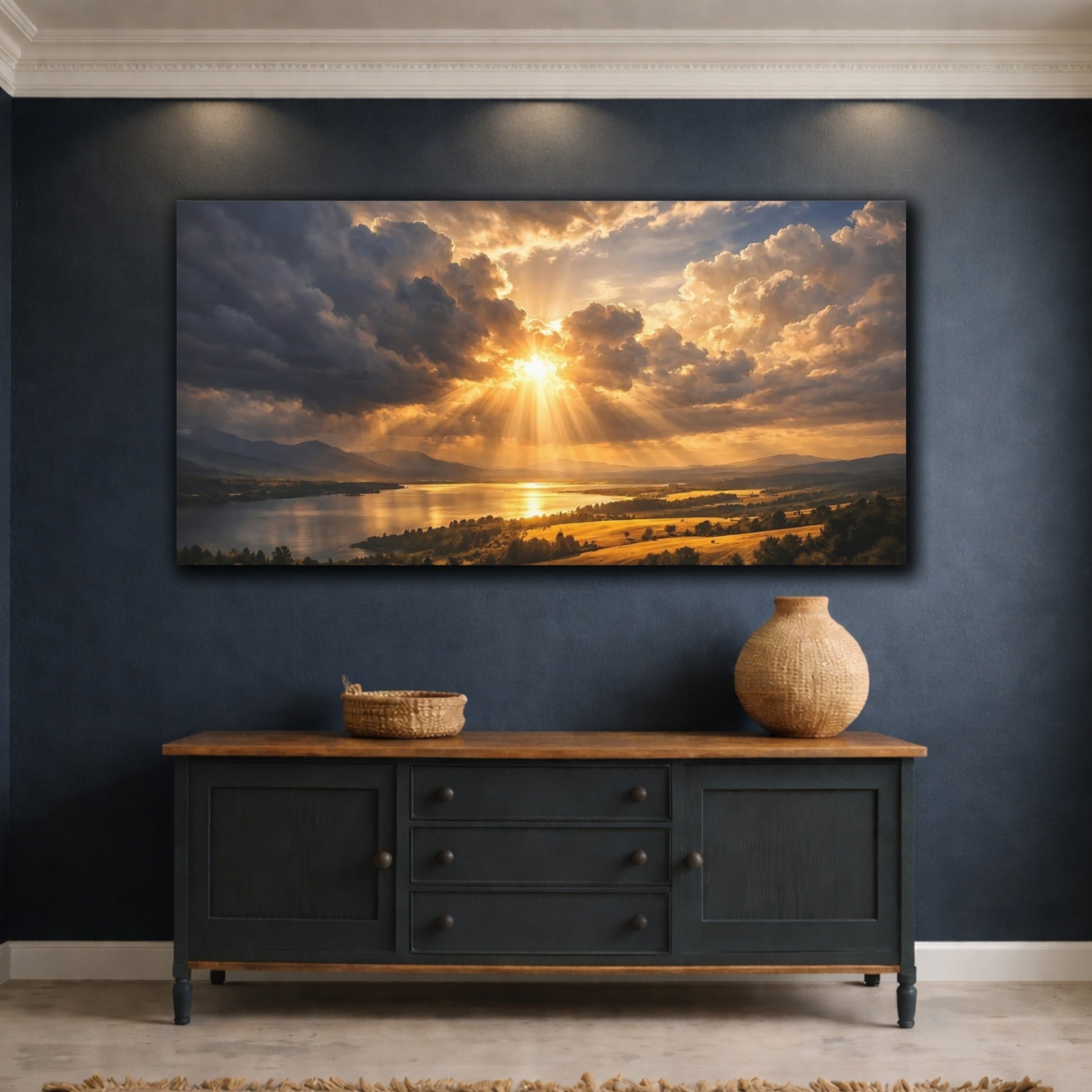Mockup 4. Nature Sunset Landscape Golden Sunset Landscape shown as stretched canvas wall art