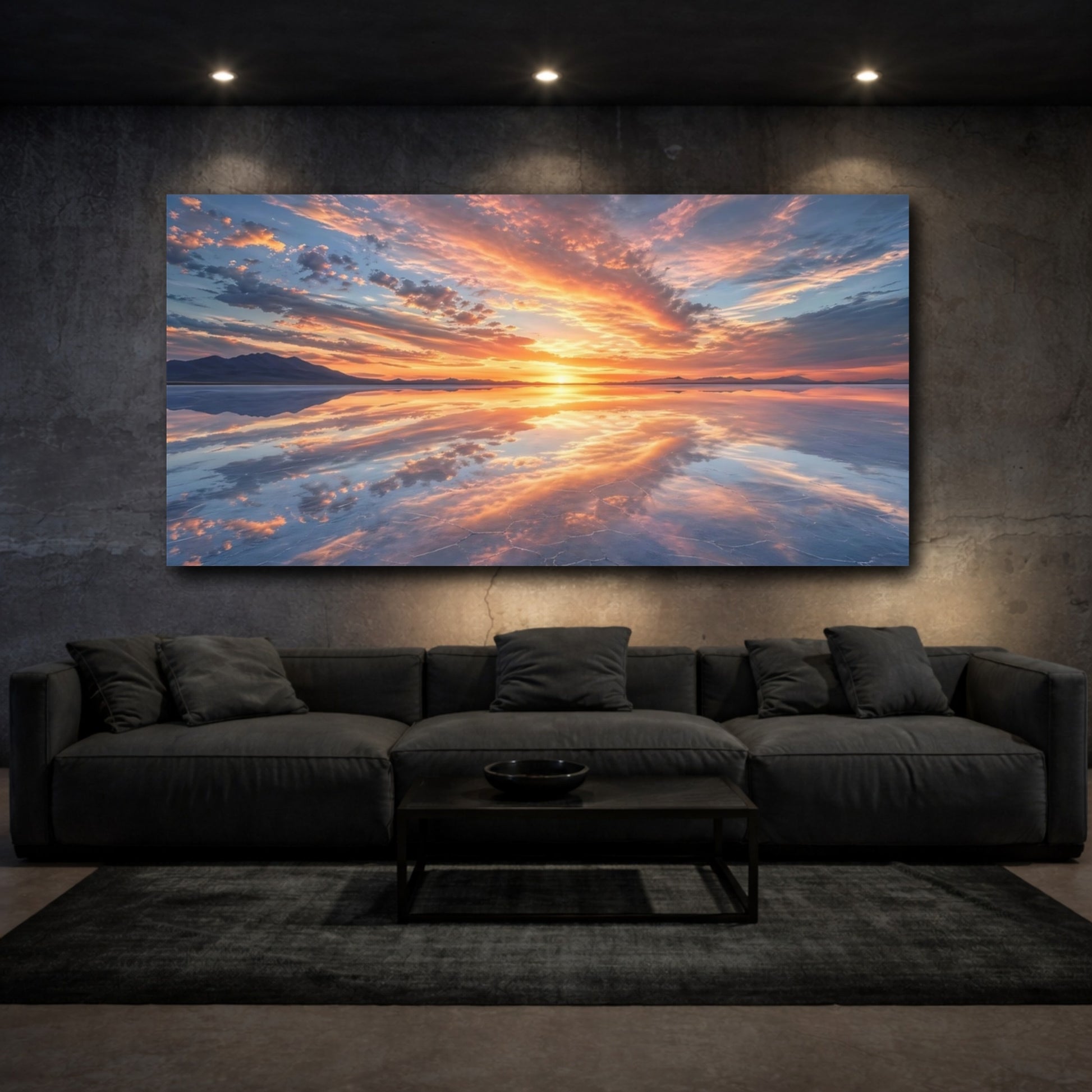 Mockup 2. Nature Sunset Landscape Orange Blue Sunset shown as stretched canvas wall art