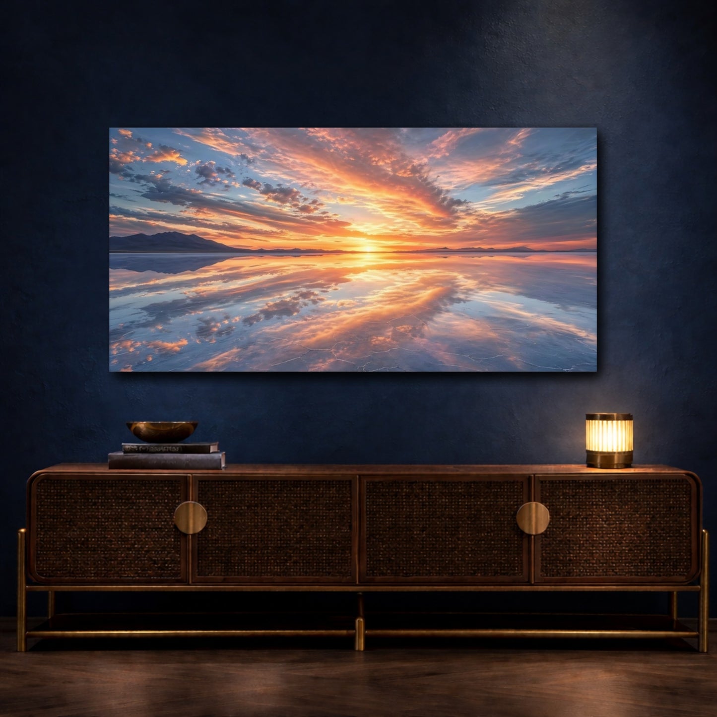 Mockup 4. Nature Sunset Landscape Orange Blue Sunset shown as stretched canvas wall art