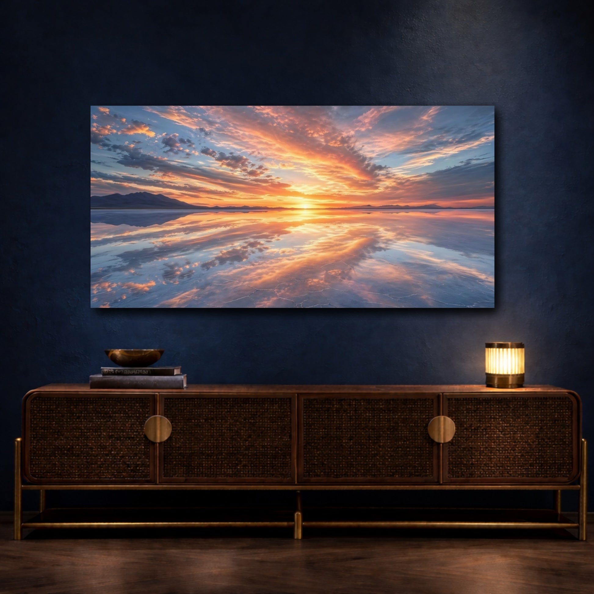 Mockup 4. Nature Sunset Landscape Orange Blue Sunset shown as stretched canvas wall art