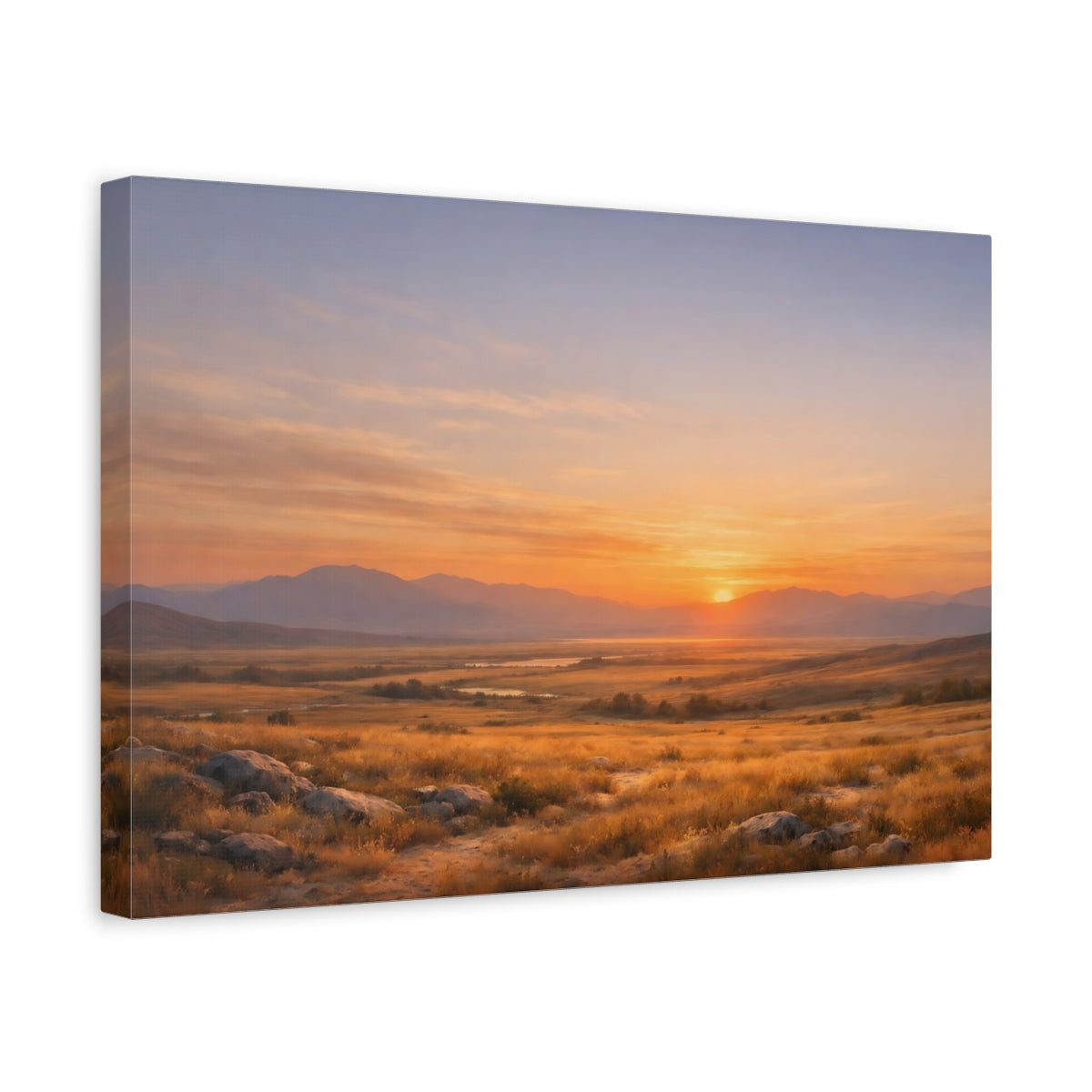 Side Mockup 4. Nature Sunset Landscape Orange Sunset shown as stretched canvas wall art