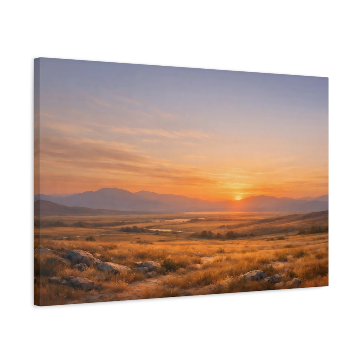 Side Mockup 2. Nature Sunset Landscape Orange Sunset shown as stretched canvas wall art